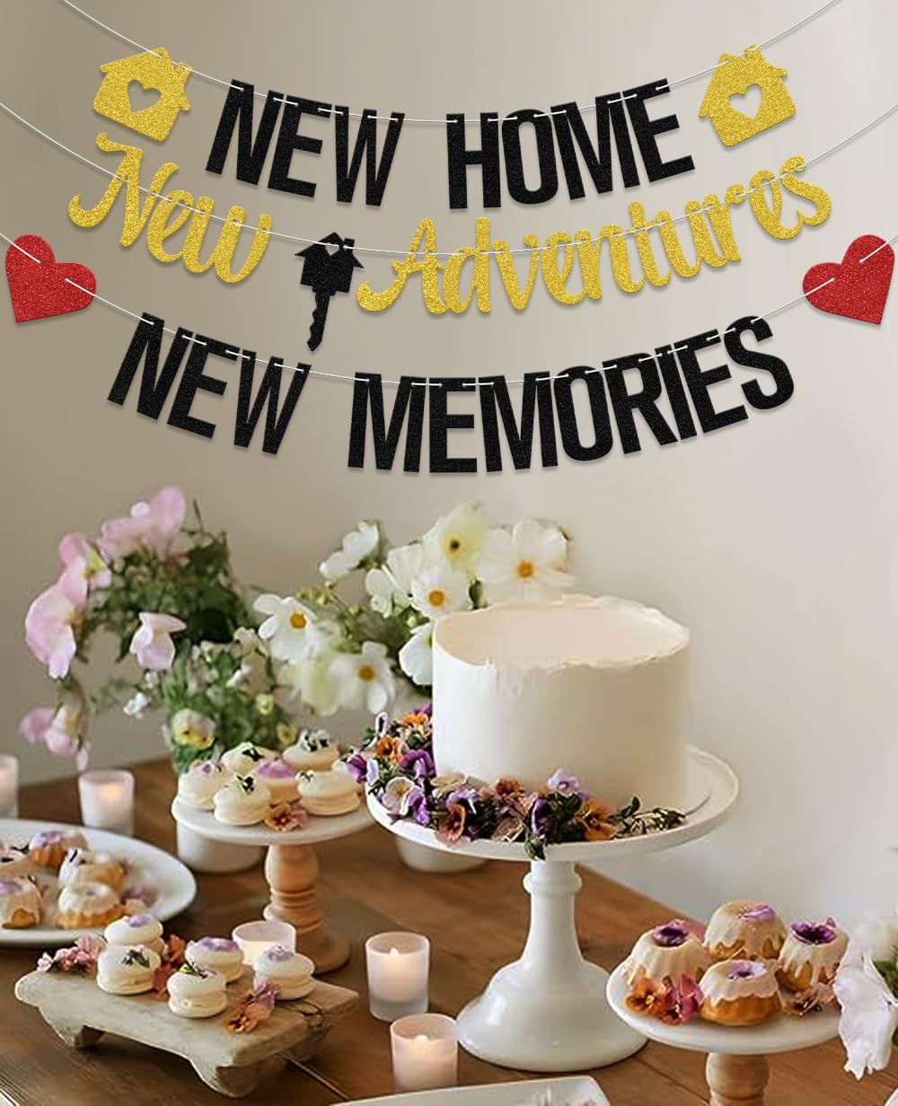 New Adventures New Memories Banner - Housewarming Decorations, Welcome Home Party for Family & Friends - Black Glitter - Image 4