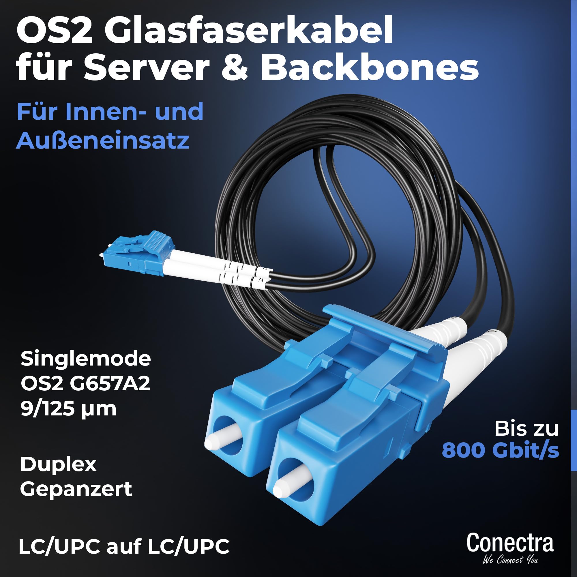 30m Gepanzertes OS2 Duplex Glasfaser-Kabel LC/UPC für Innen- und Außen-Einsatz – LWL Lichtleiter Patch-Kabel Singlemode 9/125µm LC UPC LSZH Fiber Optic Cable Indoor/Outdoor ⌀3mm Schwarz