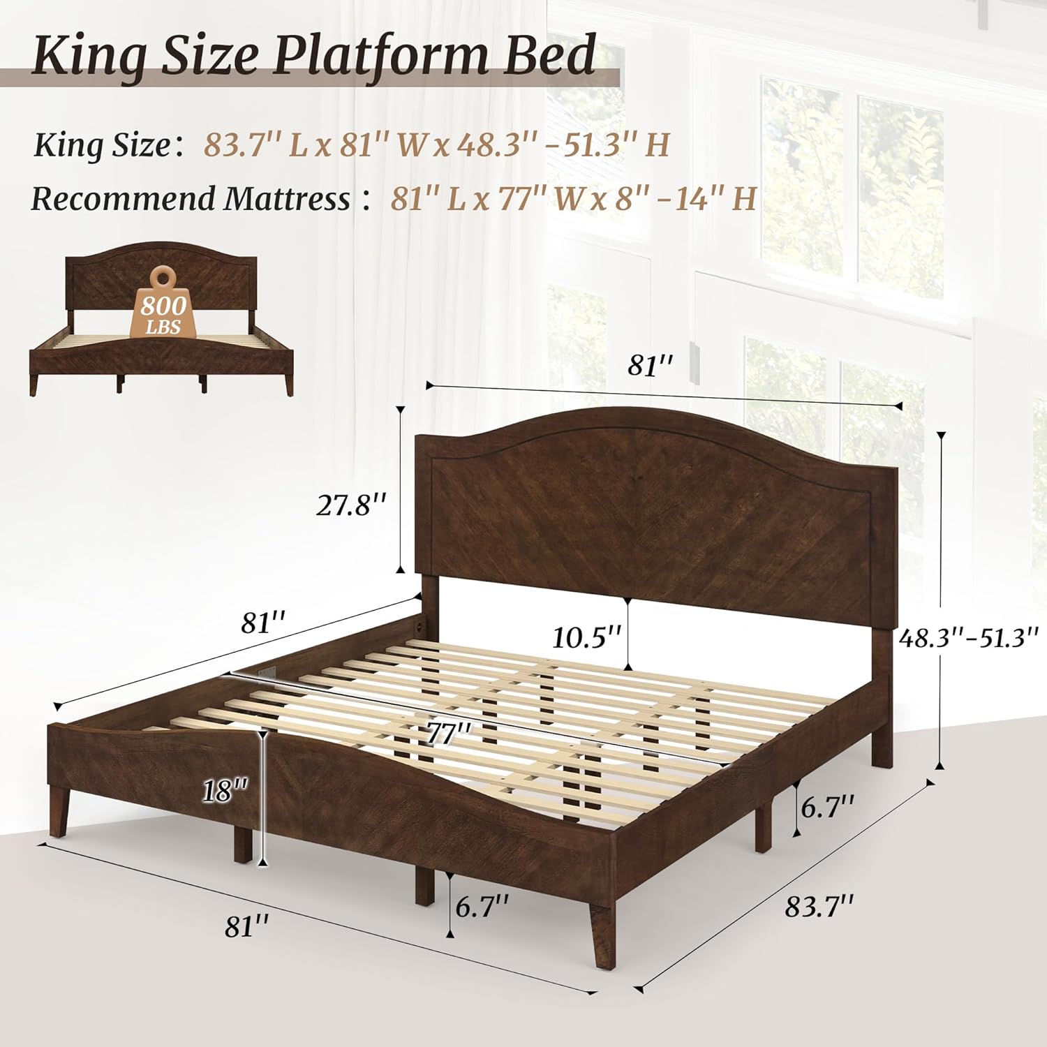 Cozyman King Size Wood Bed Frame with Adjustable Headboard, Mid Century Modern Solid Rubberwood Platform Bed, 800LBS Heavy Duty, No Box Spring Needed, 30 Mins Assembly, Dark Walnut