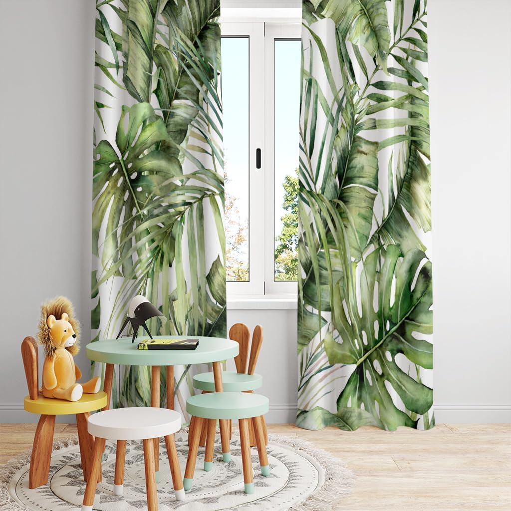 遮光カーテン アジャスターフック式,水彩画-ジャングル-ヤシの葉-エキゾチック-モンステラバナナの葉 防寒 断熱 保温 防音 寝室用