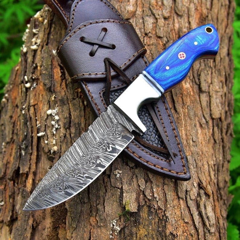 Handmade Damascus Steel Knife, Hunting Knife, Fixed Blade Knife, Skinner Knife, Bushcraft Camping Knife, Pakka Wood Handle, Premium Leather Sheath