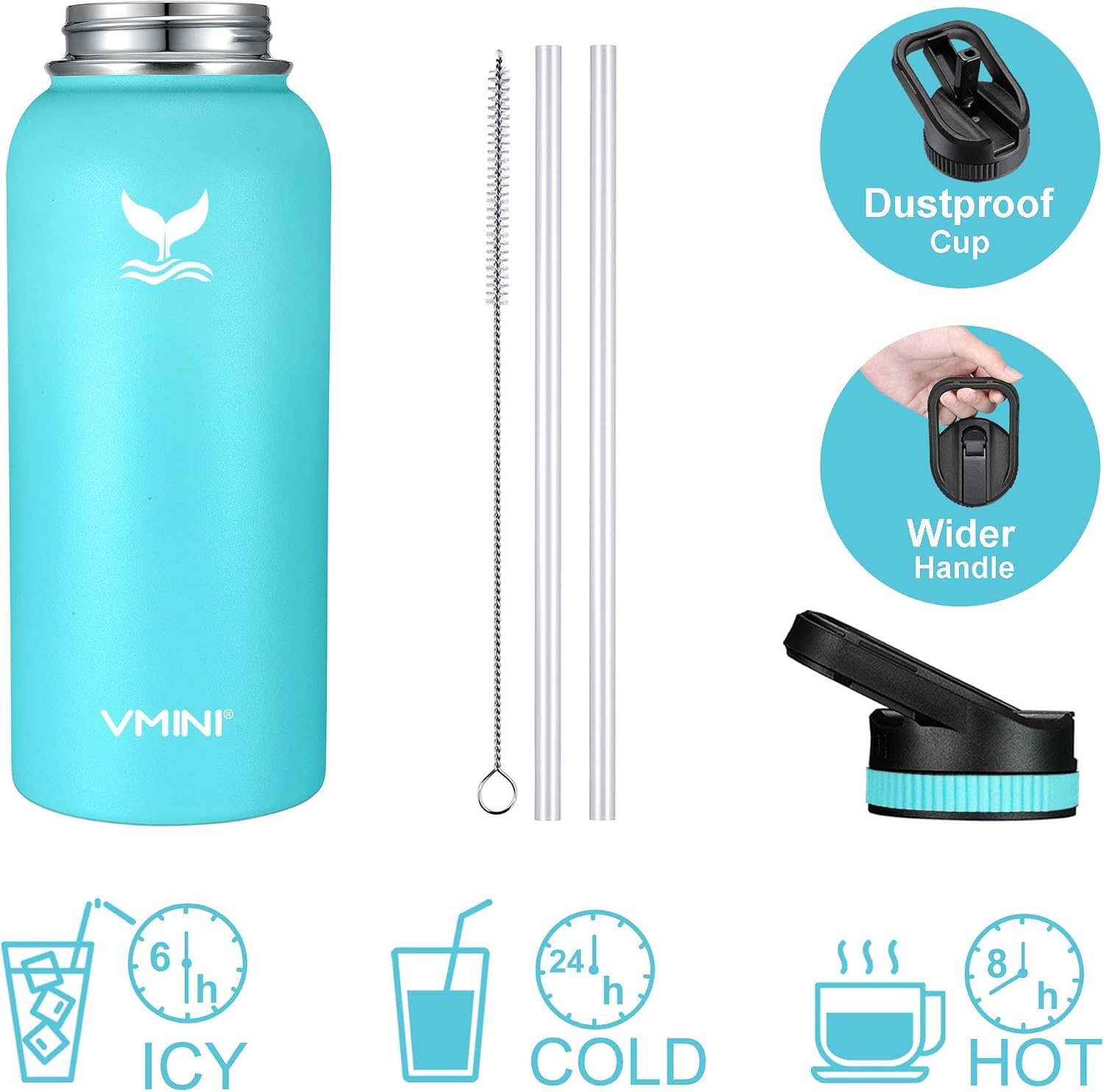 Vmini Water Bottle with Straw, Wide Sturdy Straw Lid with Dust Proof Cap, Wide Mouth Vacuum Insulated Stainless Steel Water Bottle, 32/40 oz