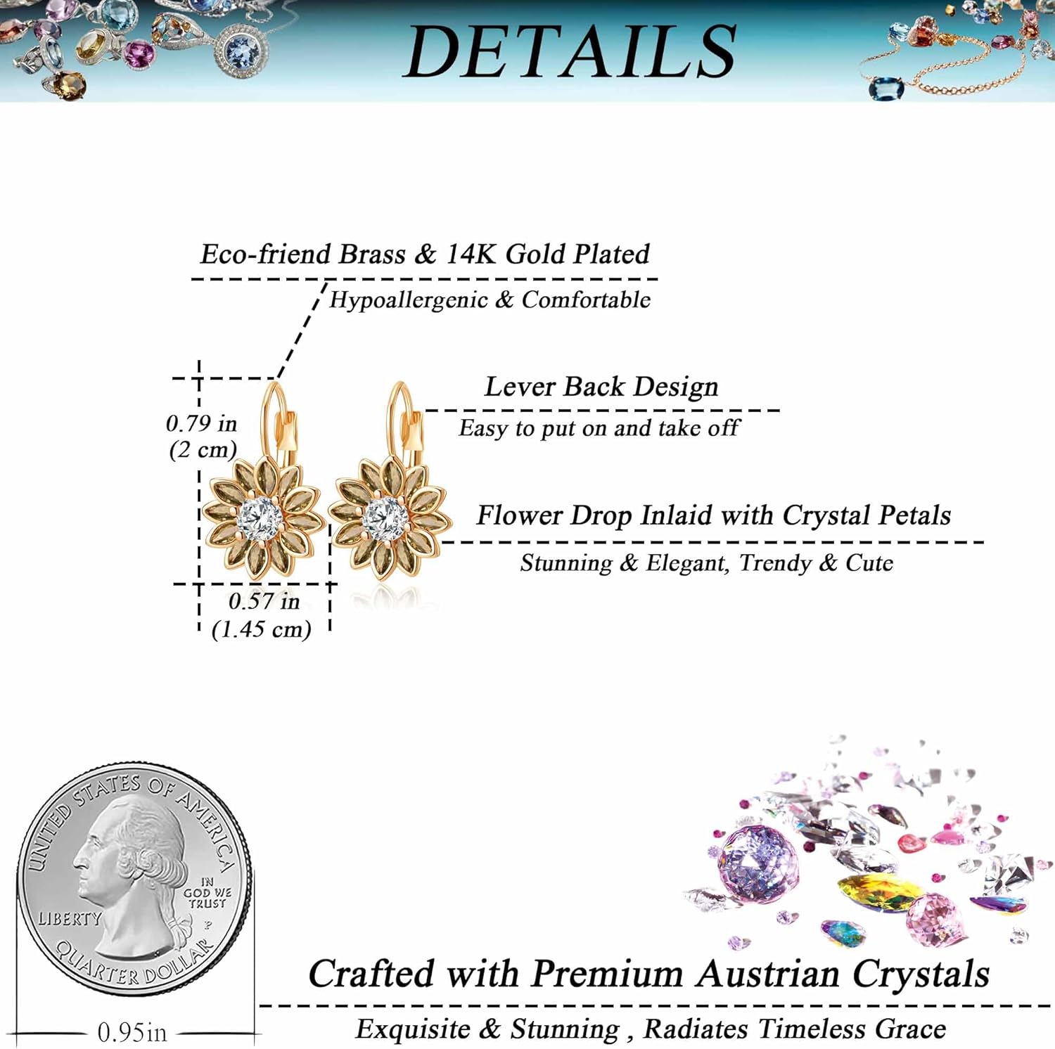 Austrian Crystal Flower Drop Leverback Earrings for Women Fashion 14K Gold Plated Hypoallergenic Jewelry - Image 4