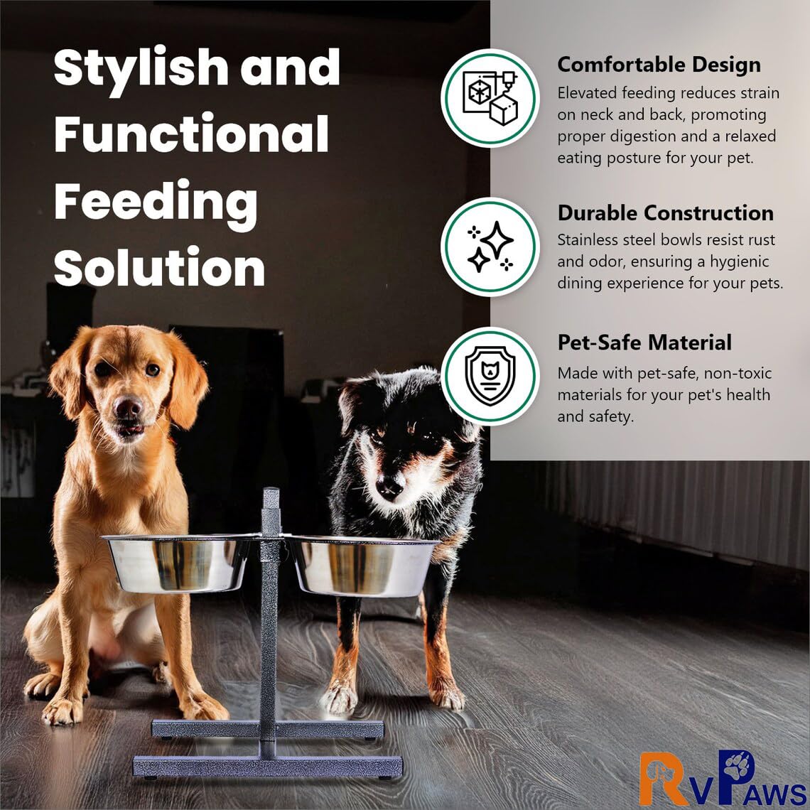 RvPaws Stainless Steel Double Diner Food Adjustable Bowl Stand for Dog H Type (Large) 2800 ML Each Bowl 4