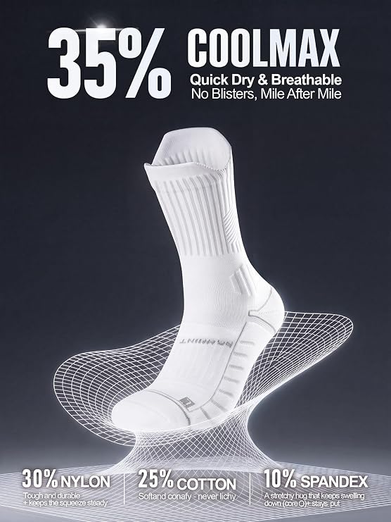 Rahhint Compression Running Socks for Women 3 Pairs, Anti-Blister Moisture Wicking Coolmax Crew Cushion Athletic Workout Socks