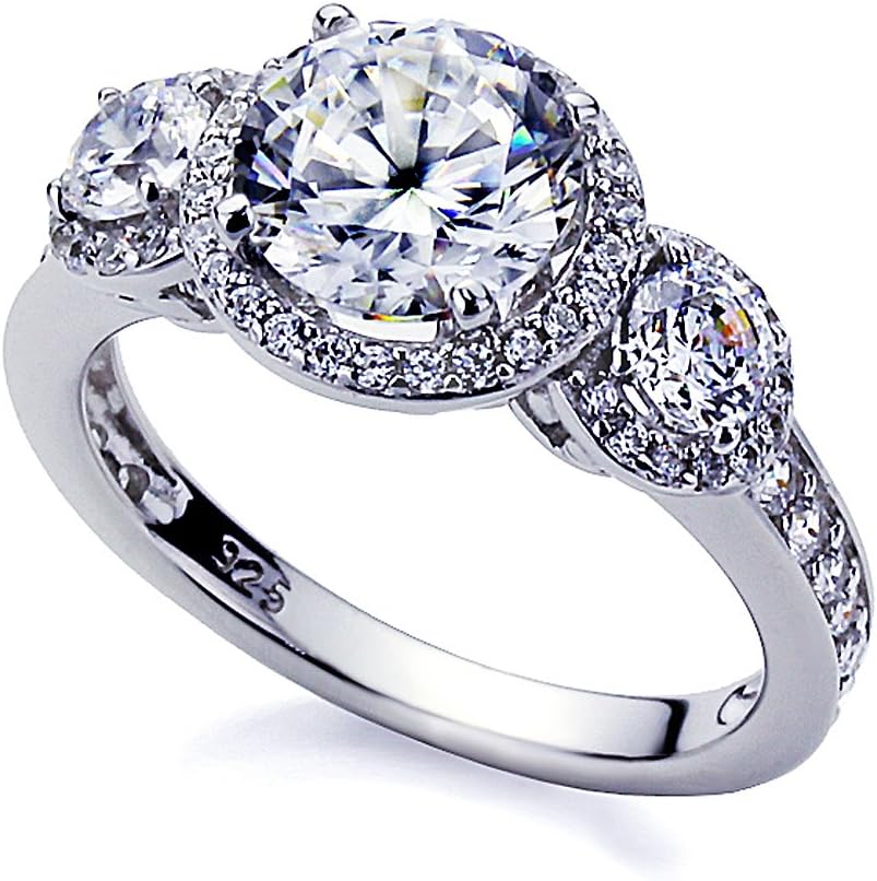 DoubleAccent Platinum Plated Sterling Silver Ring 2 CT Round CZ Stone Halo Engagement Ring (Size 5 to 9)