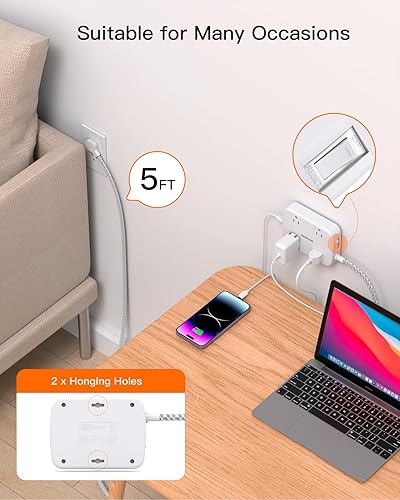 Miniatura 6 de Regleta protectora de sobretensiones con 2 USB C, cable de extensión plano de 5 pies, enchufe plano, 4 tomas amplias y 4 puertos de carga USB,