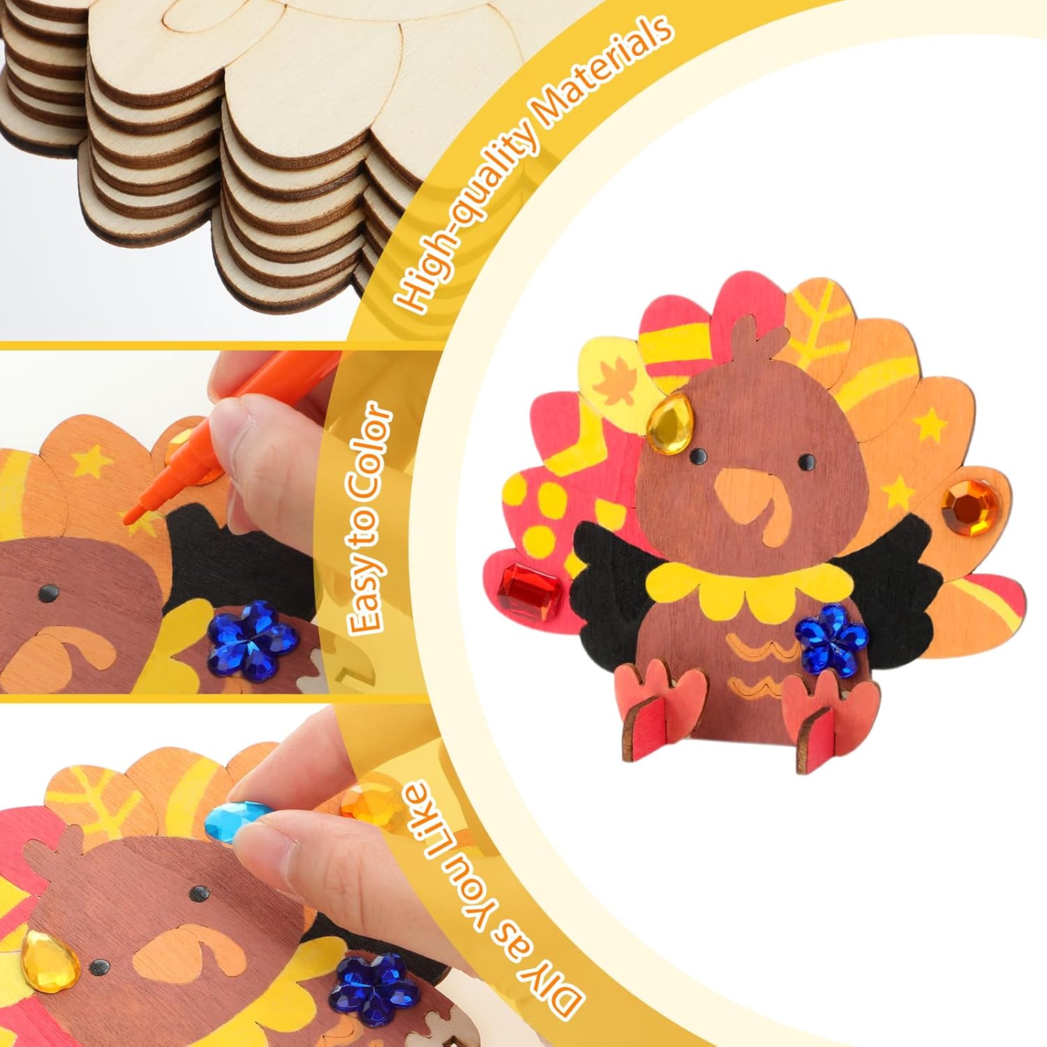Blueweenly 48 Set Fall Thanksgiving Sitting Turkey Craft Kit for Kids DIY 3D Wooden Turkey Painting Kit with Watercolor Pens Acrylic Diamond Thanksgiving Party Decoration Activities Favors Gifts