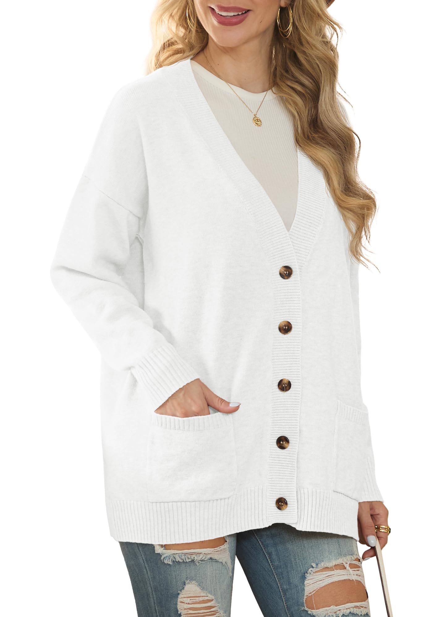 GRECERELLE Cardigan da donna lavorato a maglia, maglione invernale a maniche lunghe, con bottoni, scollo a V, capispalla oversize con tasca