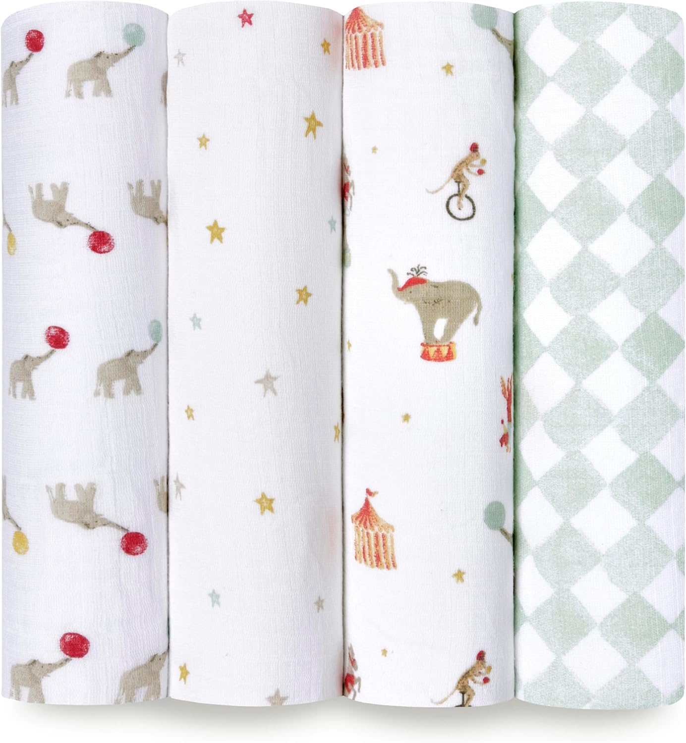 Aden + Anais Essentials Disney Baby Musselin-Wickeldecken, Neugeborene, Decke zum Wickeln, 100% Baumwolle, 4er-Pack, Elefantenzirkus