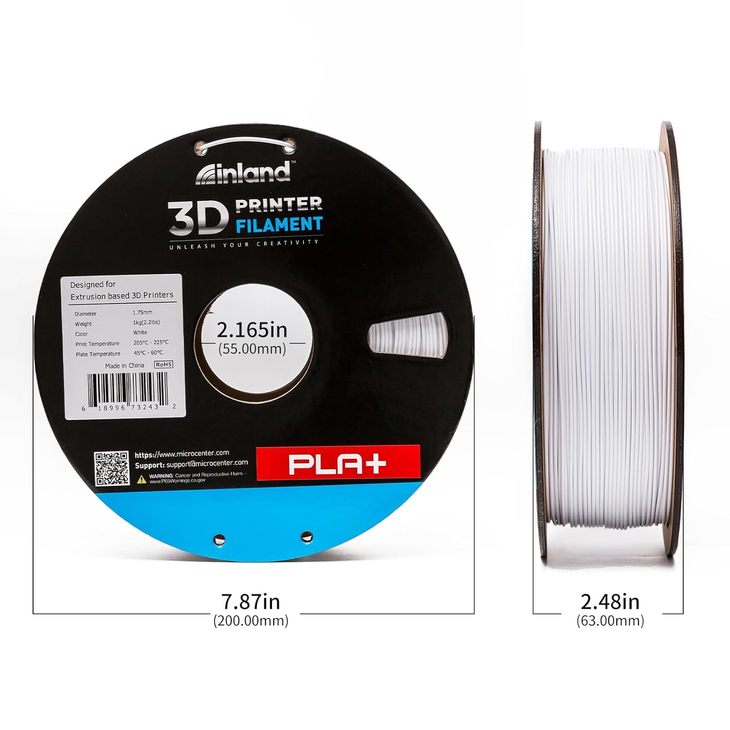 INLAND Micro Center PLA+ 3D Printing Filament 1.75mm - PLA Pro Dimensional Accuracy +/- 0.03 mm - 1kg Cardboard Spool (2.2 lbs) (1 Pack White, 1.75mm)