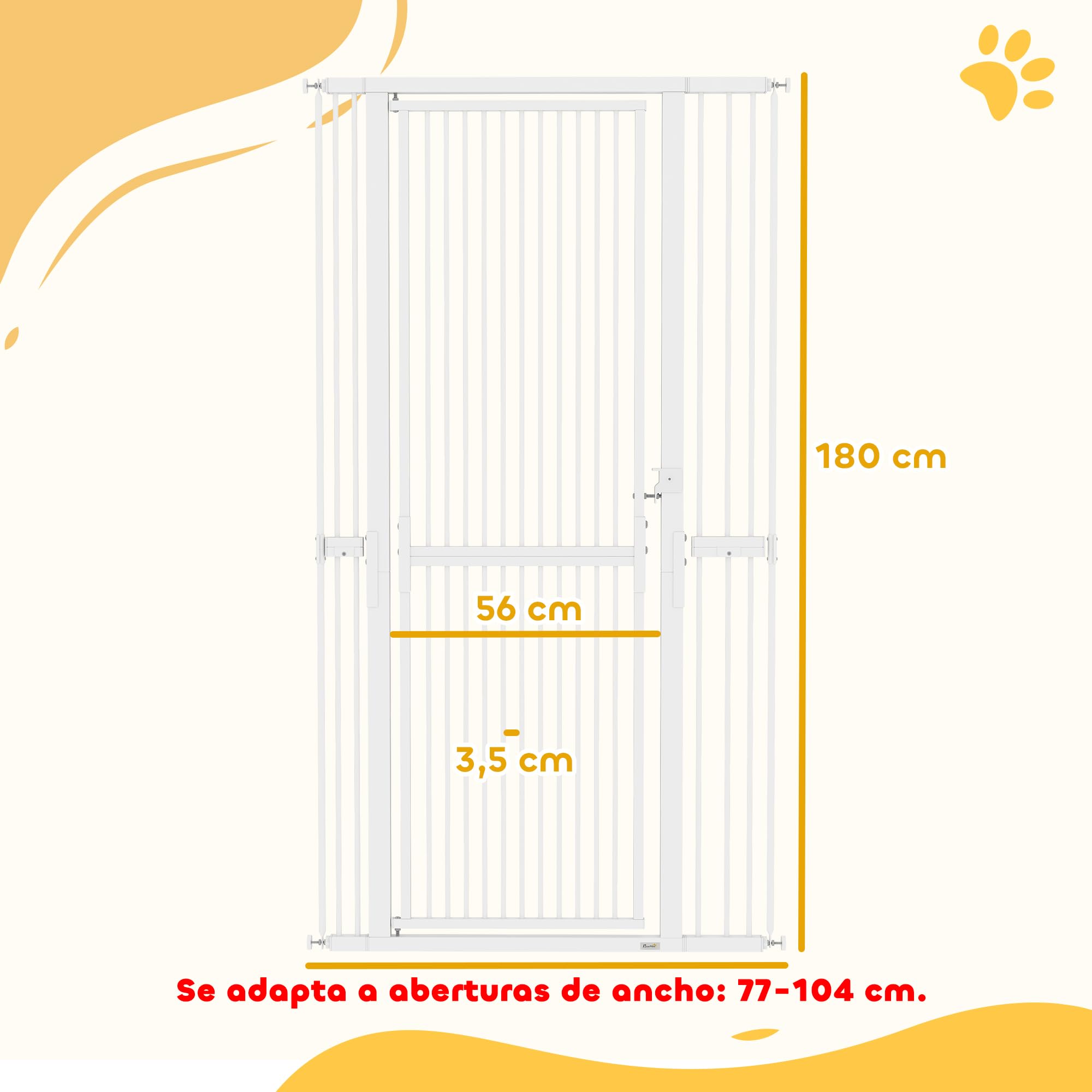 PawHut Barrera de Seguridad para Perros y Gatos Extra Alta 180 cm, Barrera para Perros Extensible 77-104 cm, Separación 3,5 cm, para Puertas y Escaleras, con Montaje a Presión, 2 Extensiones, Blanco