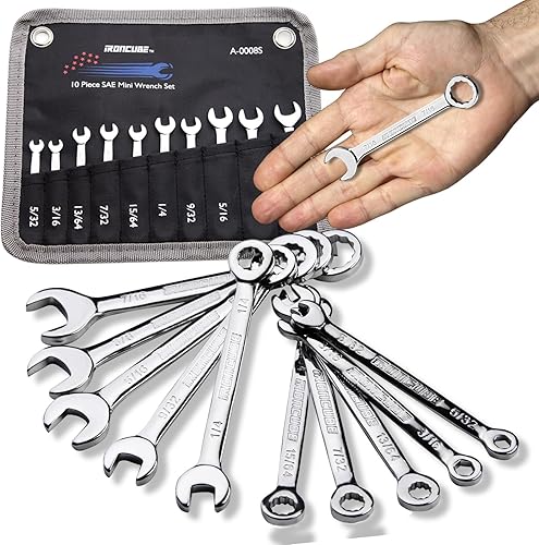 Juego de llaves pequeñas, juego de llaves combinadas enana, 10 piezas, SAE, 532" - 716", ligero, con bolsa rodante para tuercas de reparación de