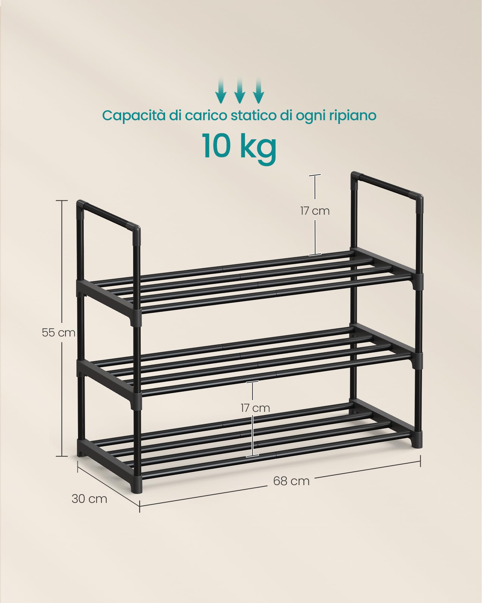 SONGMICS Scarpiera a 3 Ripiani, Scaffale Portascarpe, Organizzatore in Metallo, per 6-9 Paia di Scarpe, Impilabile, Corridoio, Soggiorno, Camera da Letto, 30 x 68 x 55 cm, Nero LSA203B01