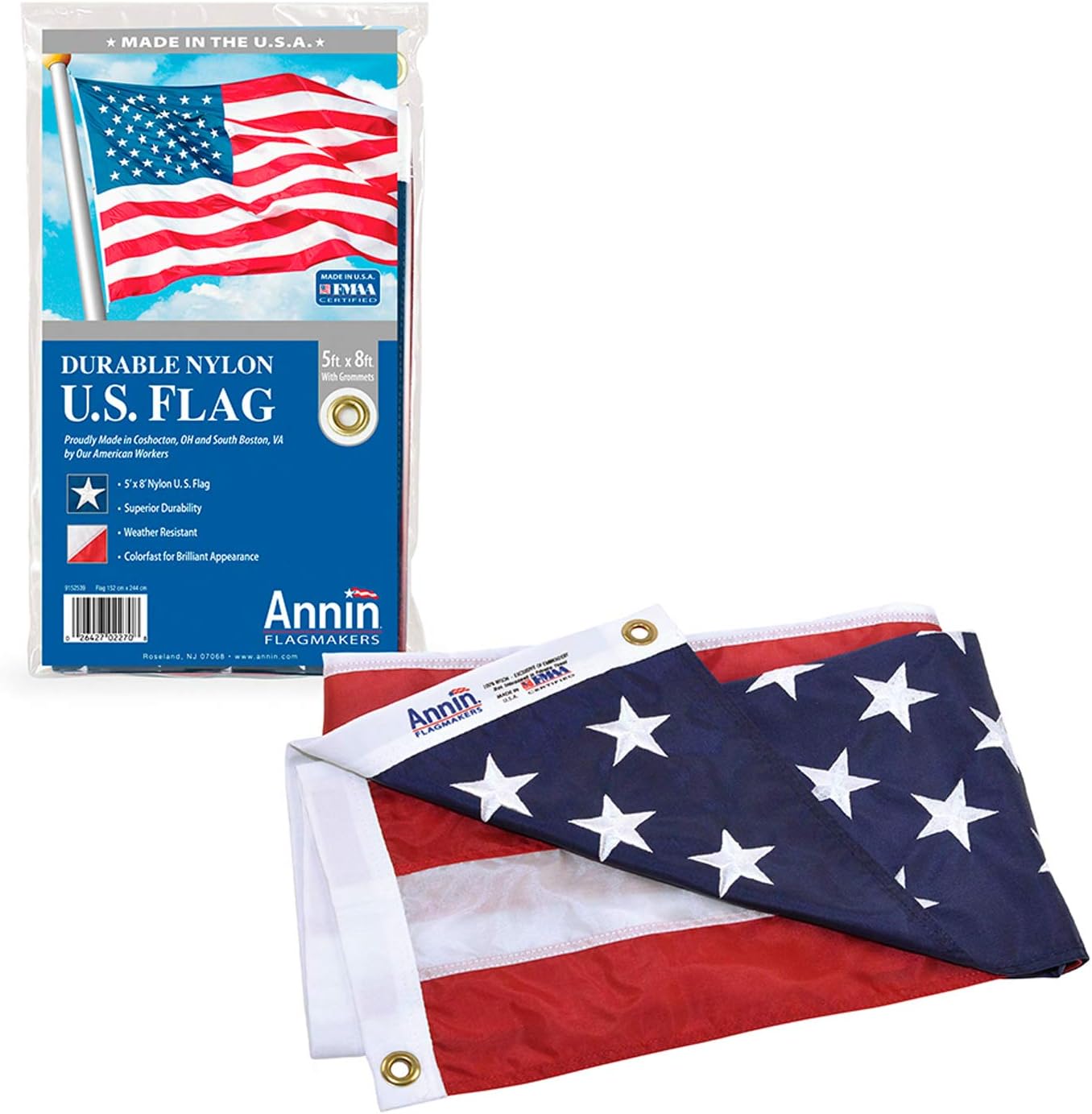 Annin Flagmakers American Flag Nylon SolarGuard Nyl-Glo, 100% Made in USA with Sewn Stripes, Embroidered Stars and Brass Grommets.
