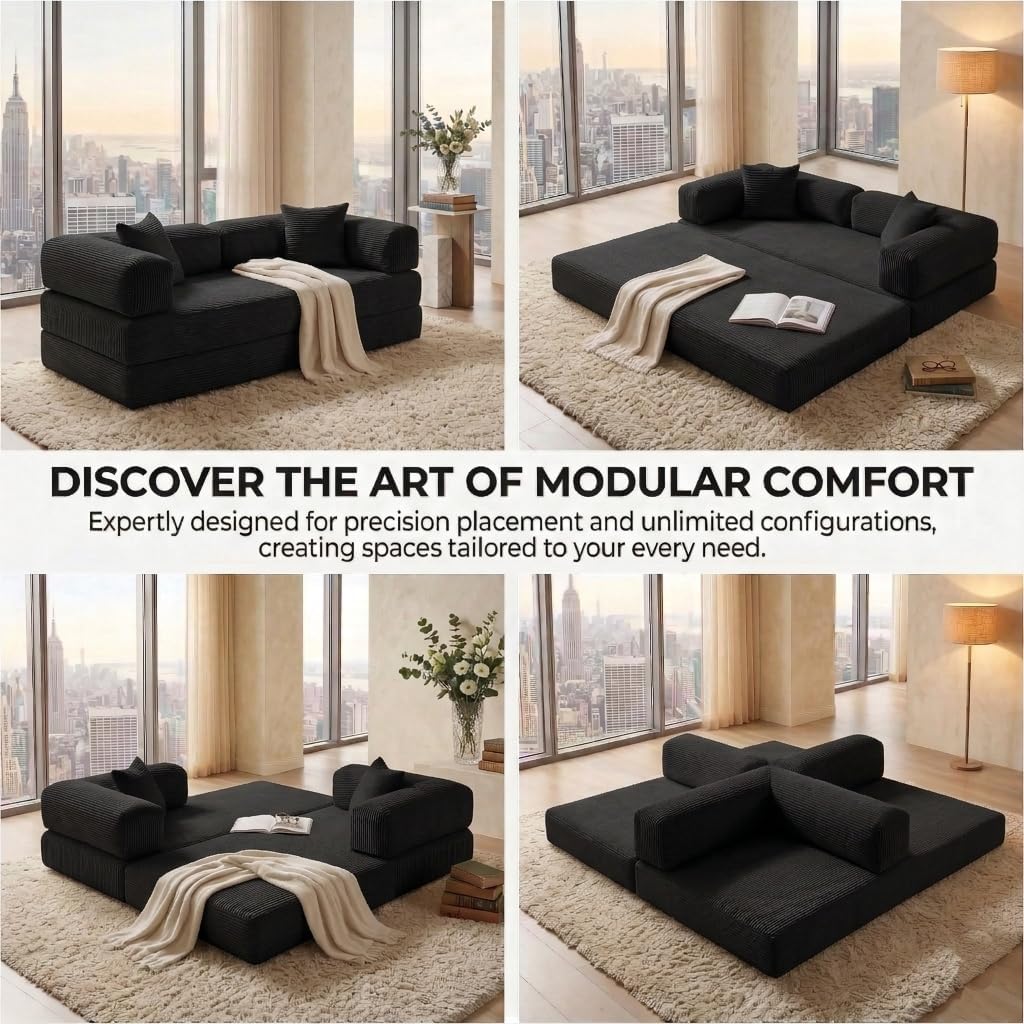 78" 4-in-1 Convertible Sofa Bed, Boneless Corduroy Sleeper Couch with Pull Out Bed, Fixed-Shape Frame, No Assembly Floor Futon Loveseat Sofa for Living Room, Bedroom, Apartment, Black | Space-Saving Design, Supportive Foam, Shape Retention, Everyday Lounging, Oversize Rest Area, Modern Minimal Look