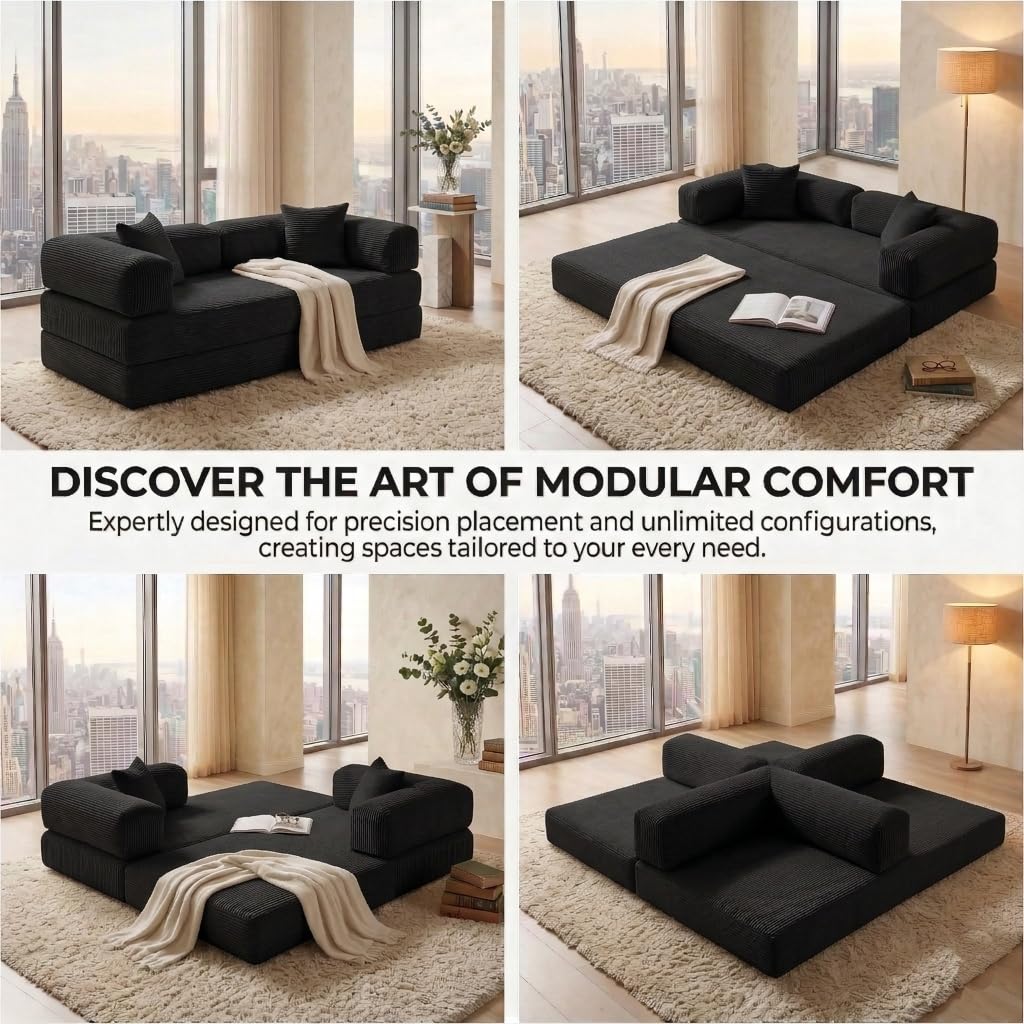78" 4-in-1 Convertible Sofa Bed, Boneless Corduroy Sleeper Couch with Pull Out Bed, Fixed-Shape Frame, No Assembly Floor Futon Loveseat Sofa for Living Room, Bedroom, Apartment, Black | Space-Saving Design