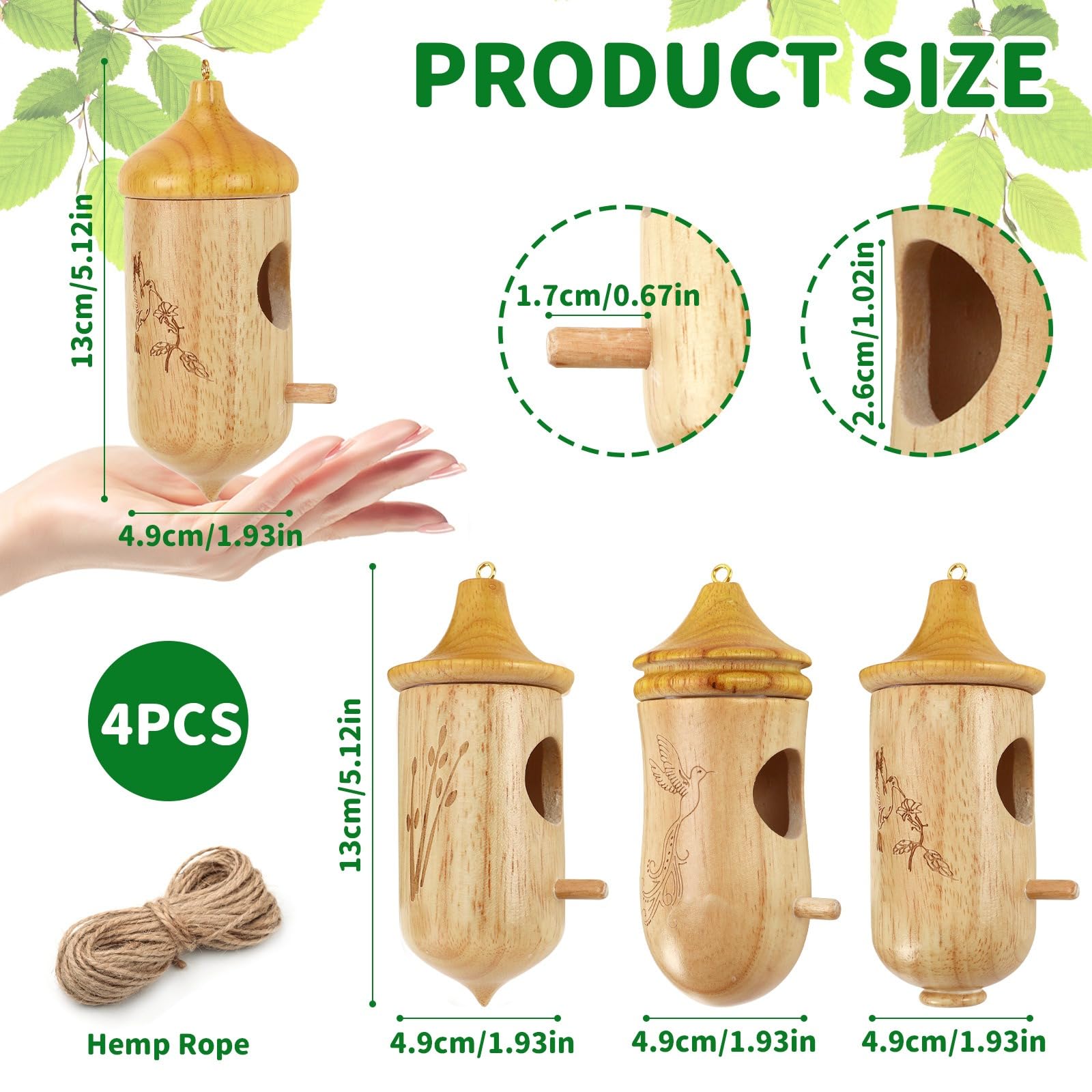 NOVWANG 4 PCS Hummingbird House Solid Wood with Hemp Rope, Outdoor Hanging Bird Watching House Bird House for Gardening Gifts Home Decoration