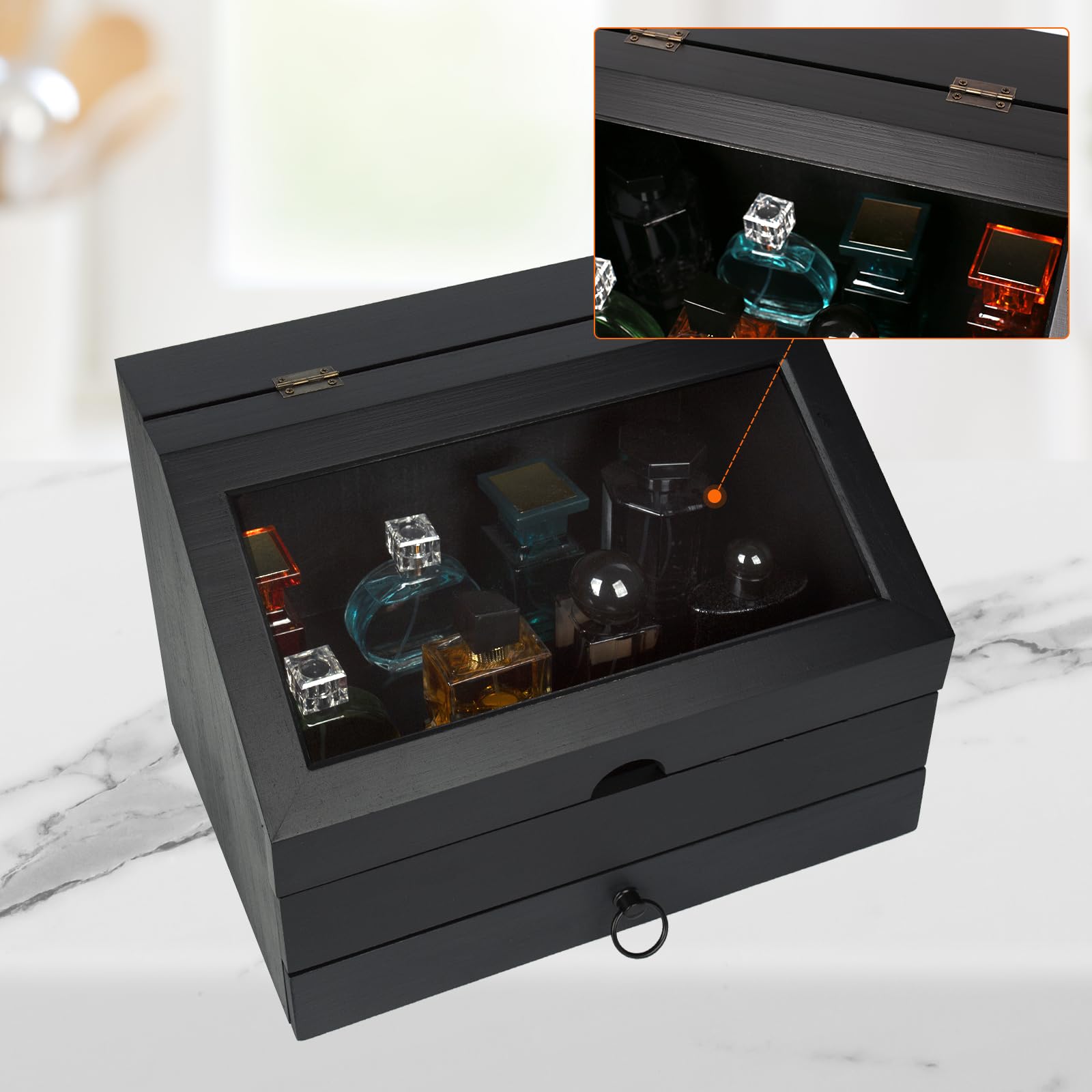 Organizador de Perfumes de Madera con Cajón | Organizador de Perfumes con Tapa Abatible Acrílico Transparente,Almacena Perfumes Joyas Cosméticos para Hombres Mujeres