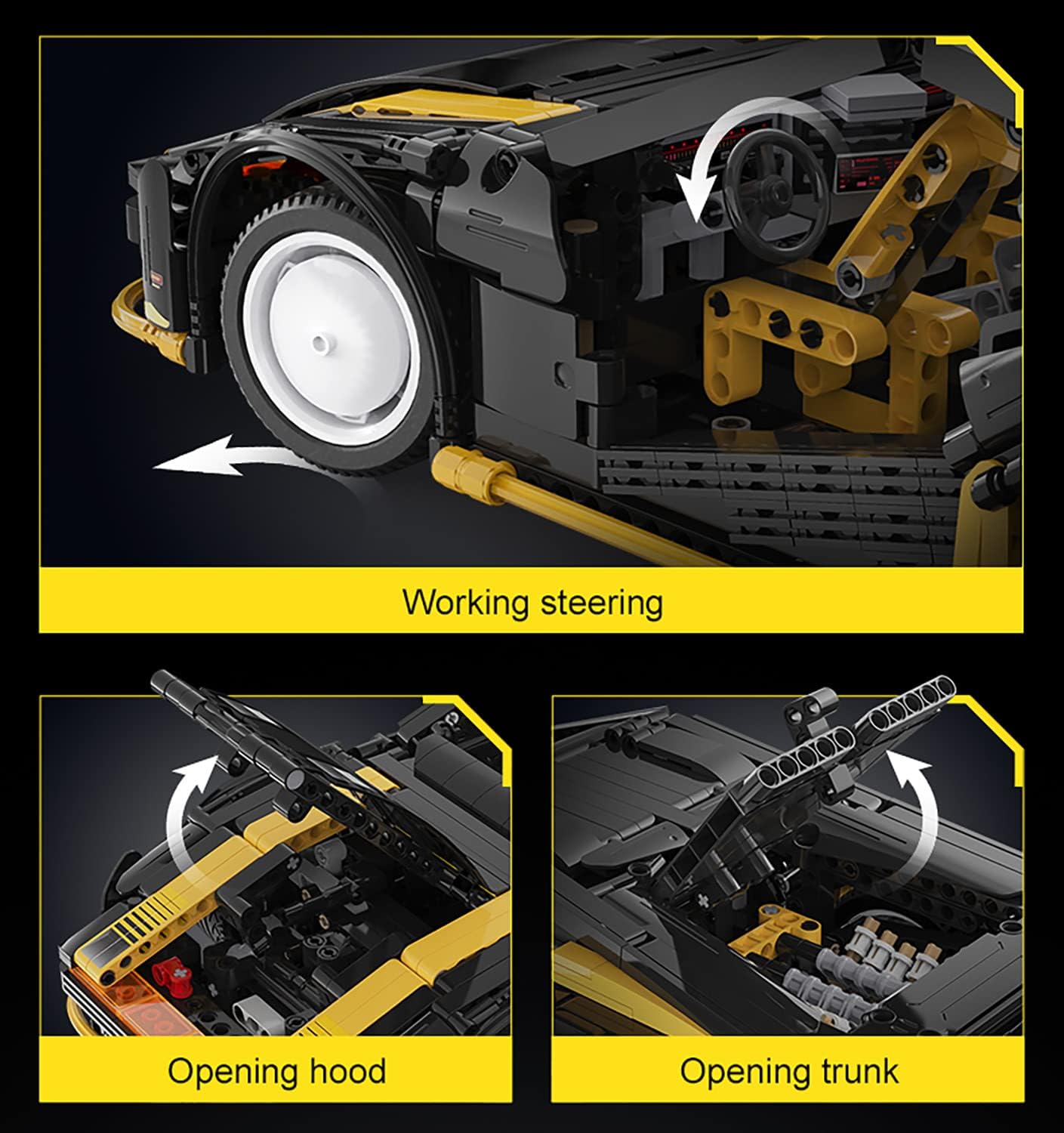 Two images: Top image shows working steering wheel and front wheel movement. Bottom image shows opening hood and opening trunk mechanisms.