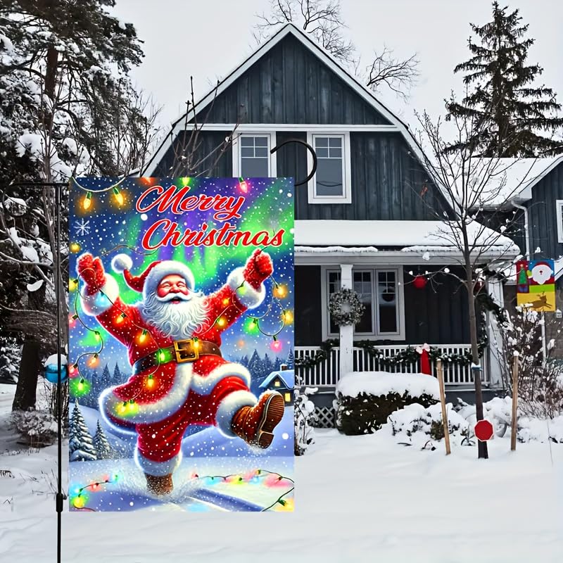 Image of BlissYard Christmas Garden Flag 12x18 Inch Santa Snow Lights Yard Decor | Double sided polyester, santa snow lights design, cheerful holiday home decor for Christmas porch and yard