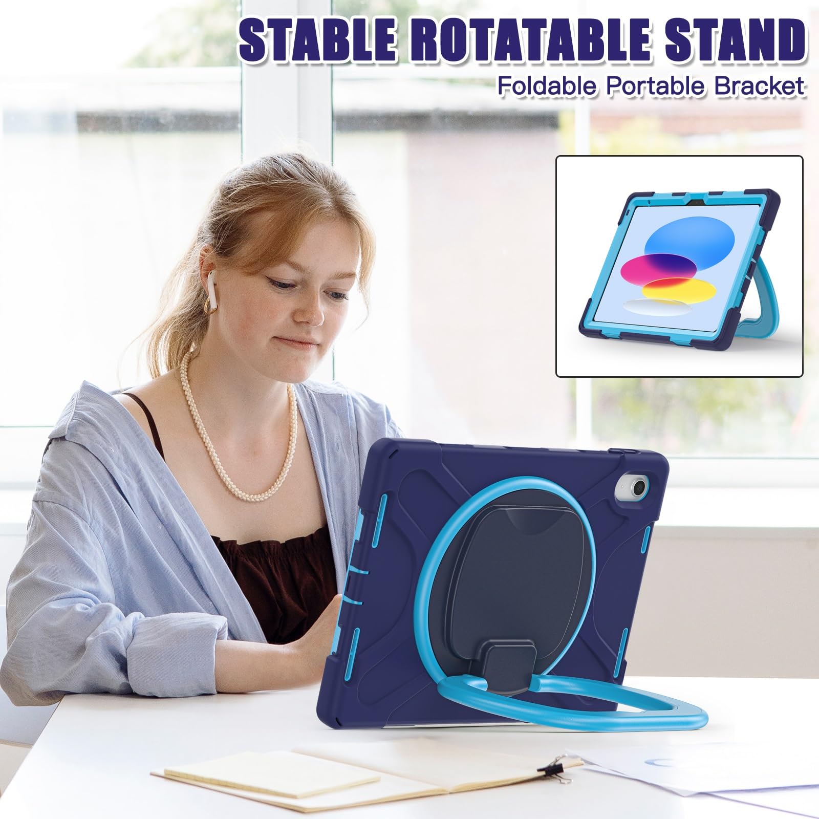 Pokrywa tabletu Etui kompatybilne z etui iPad 10. generacji 10,9 cala 2022, odporne na wstrząsy, solidne etui, obrotowa podstawka 360 stopni, pasek na rękę/ramię, wytrzymałe etui na tablet kompatybiln