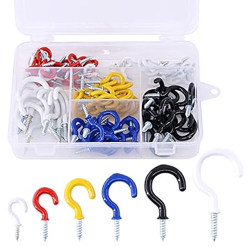 Glarks 100-Pieces 6 Sizes Vinyl Coated Cup Hooks Screw-in Ceiling Hooks Screw Hooks Mug Hooks Hangers Assortment Kit for Home and Office Use - White, Black, Red, Blue, Yellow
