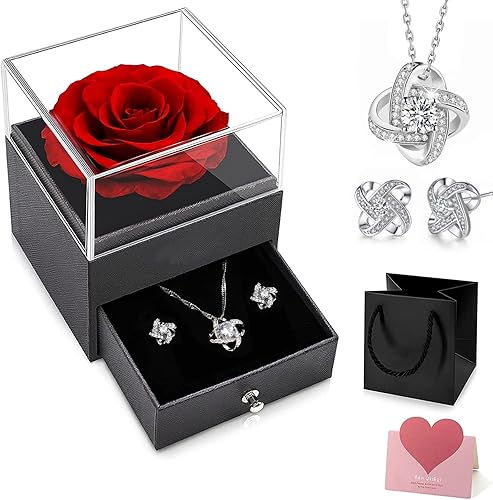 Elekin Collar de rosa roja preservada con pendientes de plata para el día de San Valentín regalos para ella eterna rosa real regalo de cumpleaños disponible en Yaxa Guatemala