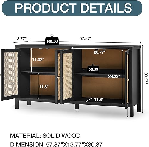 Miniatura 9 de RARZOE Aparador de ratán, armario de almacenamiento con 4 puertas de ratán, moderna mesa consola de armario de almacenamiento con estantes