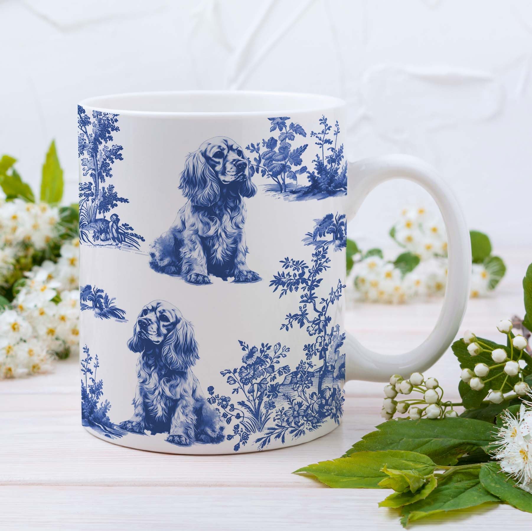 RVEAFA Cocker Spaniel Blue French Toile Mug, Cocker Spaniels Lover Gifts for Women, Blue Chinoiserie Toile Coffee Cup, Dog Lovers Tea Coffee Mug