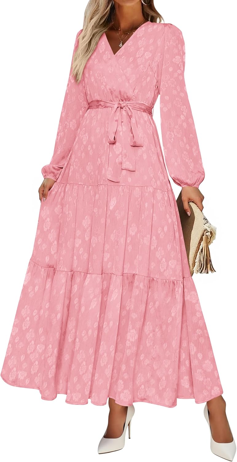PRETTYGARDEN Womens Spring Long Sleeve Wrap V Neck Ruffle Floral Maxi Dress Casual Tie Waist Boho Chiffon Flowy Long Dresses - Image 2