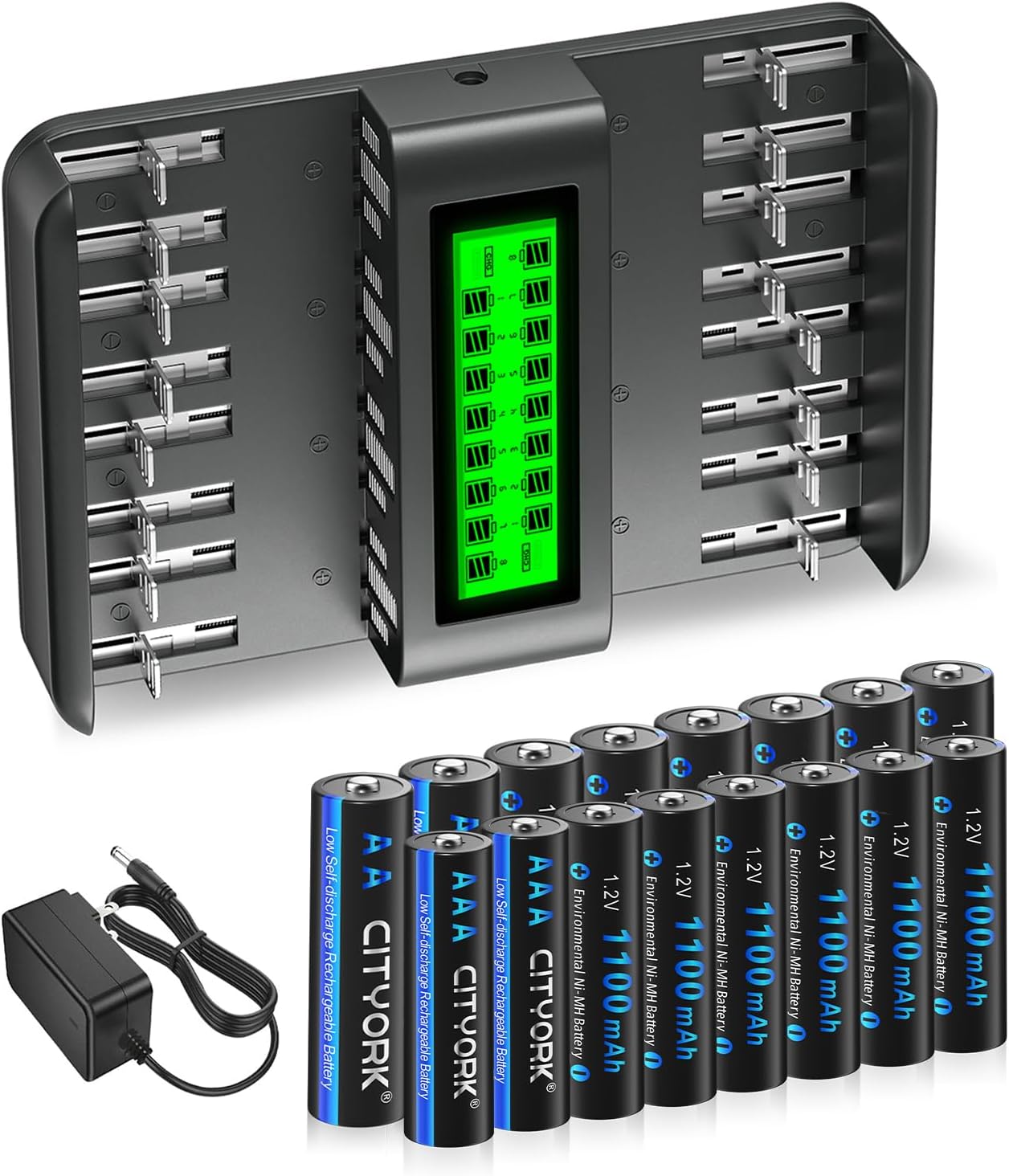 Rechargeable Batteries with Charger, 8 Pack AA3000mAh and 8 Pack AAA1100mAh 1.2V NiMH Batteries with 16 Bay Battery Charger for 1.2V AA AAA C D NiMH/NiCD Rechargeable Batteries