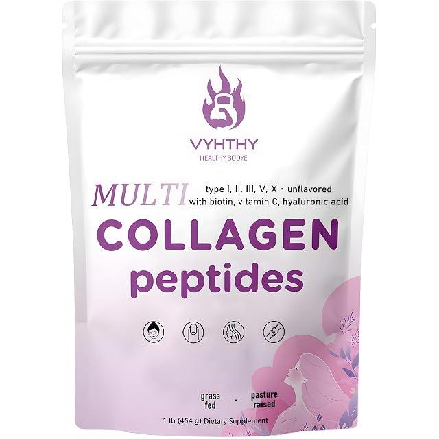 Multi Collagen Peptides Powder 16oz Hydrolyzed Protein Type I II III V X with Hyaluronic Acid Biotin Vitamin