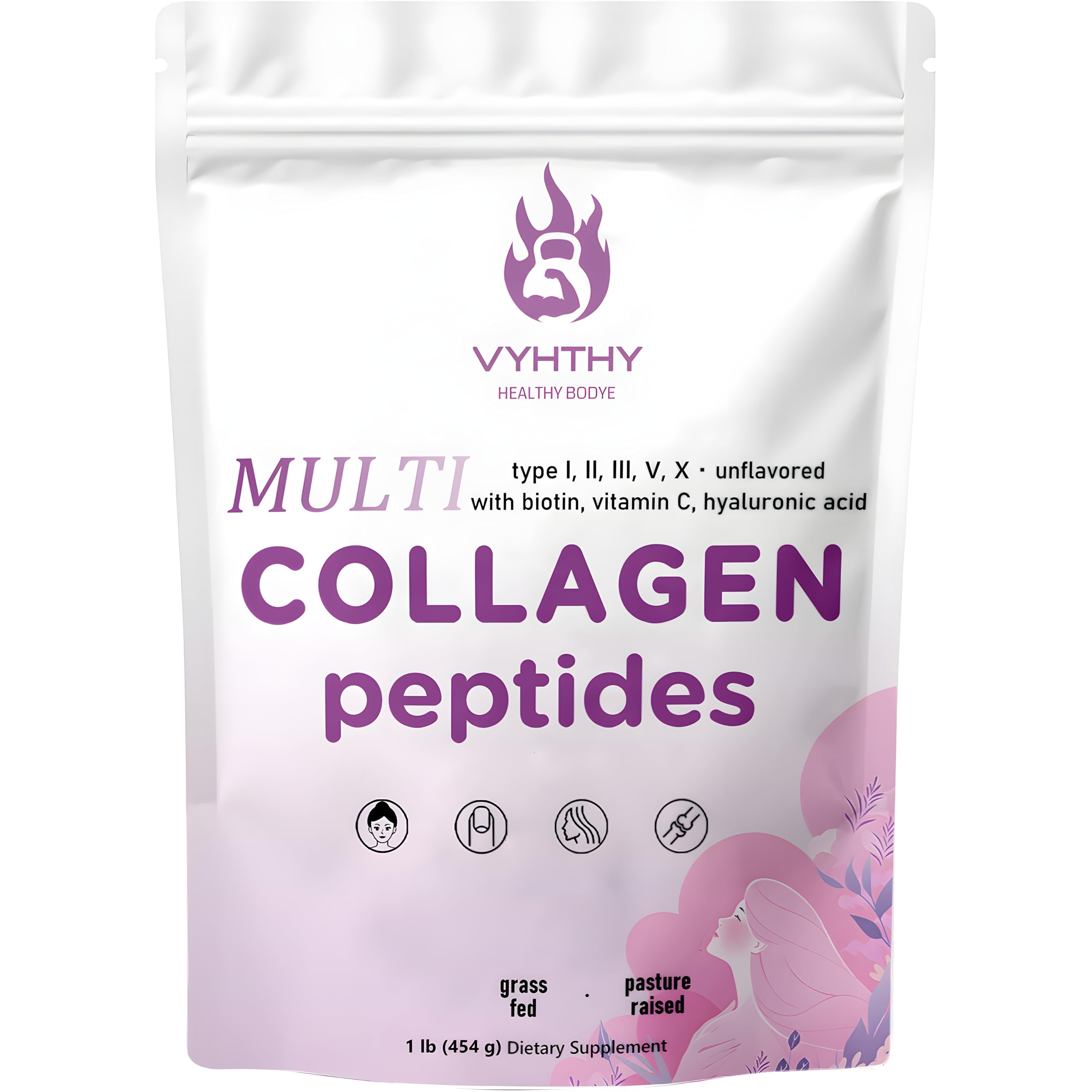 Multi Collagen Peptides Powder 16oz Hydrolyzed Protein Type I II III V X with Hyaluronic Acid Biotin Vitamin