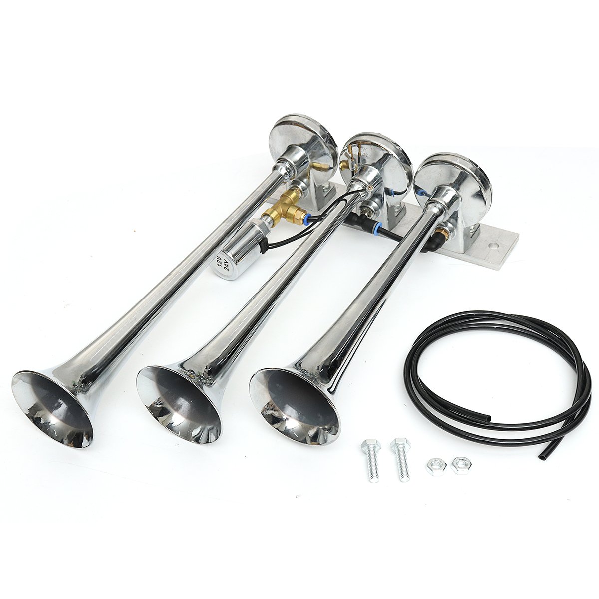 Ruidoso 149Db Triple Trompeta Tren Aire Cuerno De Metal Cromo Camión 12V-Silver