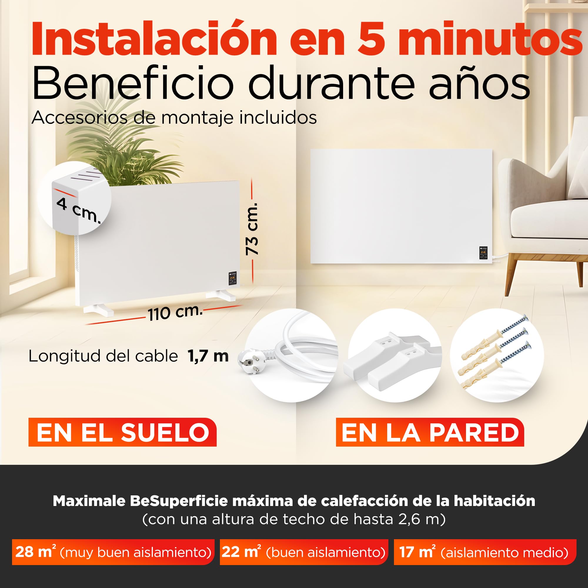 Termoplaza Radiador Electrico WiFi Bajo Consumo 1100 Vatios hasta 28m2 | Infrarrojo Calefaccion - Convector Electrico Bajo Consumo - Calefactor Bajo Consumo Electricos Paneles Calefactores Pared
