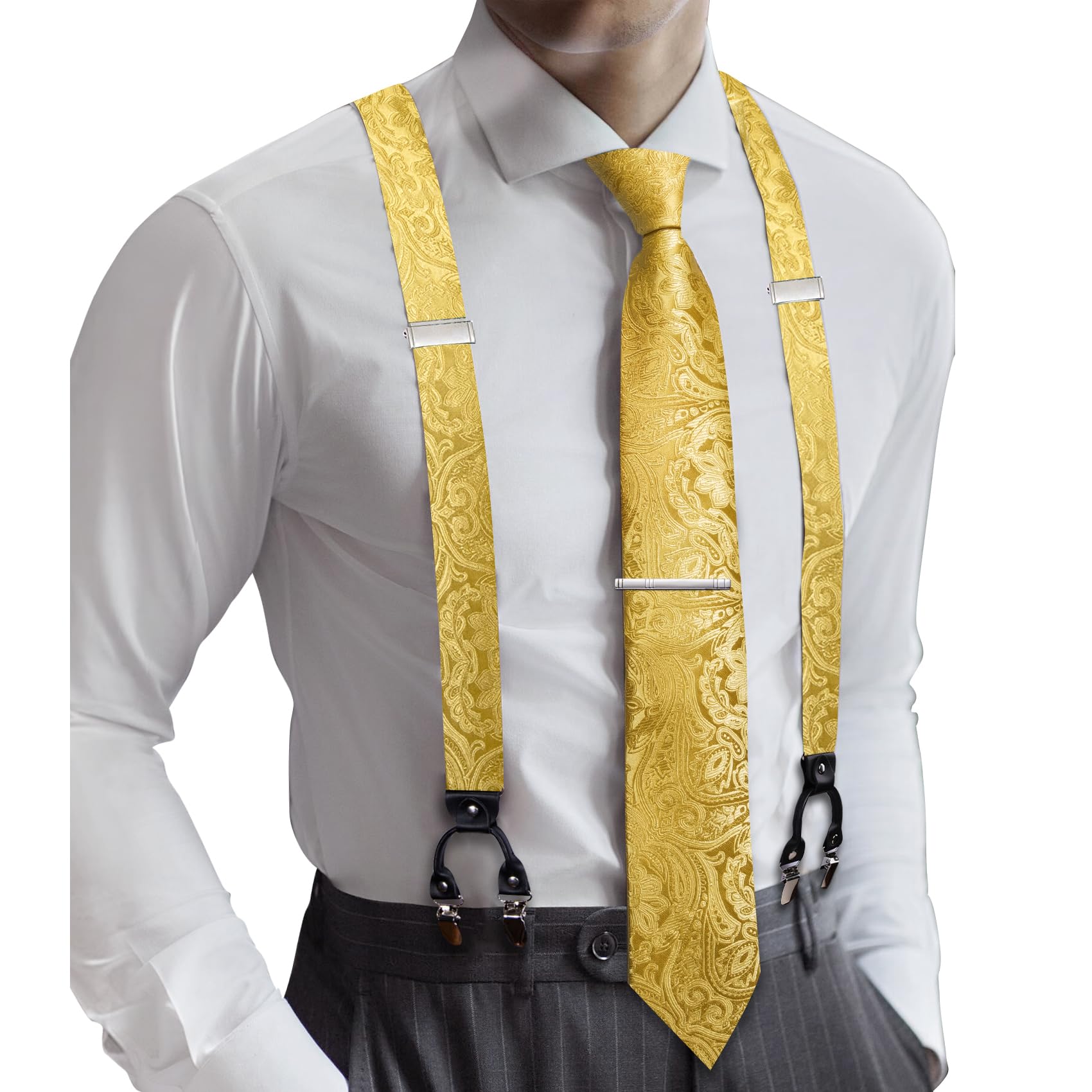 Barry.Wang Men Suspender Tie Sets Elastic Heavy 6 Clips Hanky Cufflink 5PCS | Classic Suspender Set for Man Necktie Y Type Adjustable Heavy Duty 6 Clips Braces Pocket Square Cufflinks Party