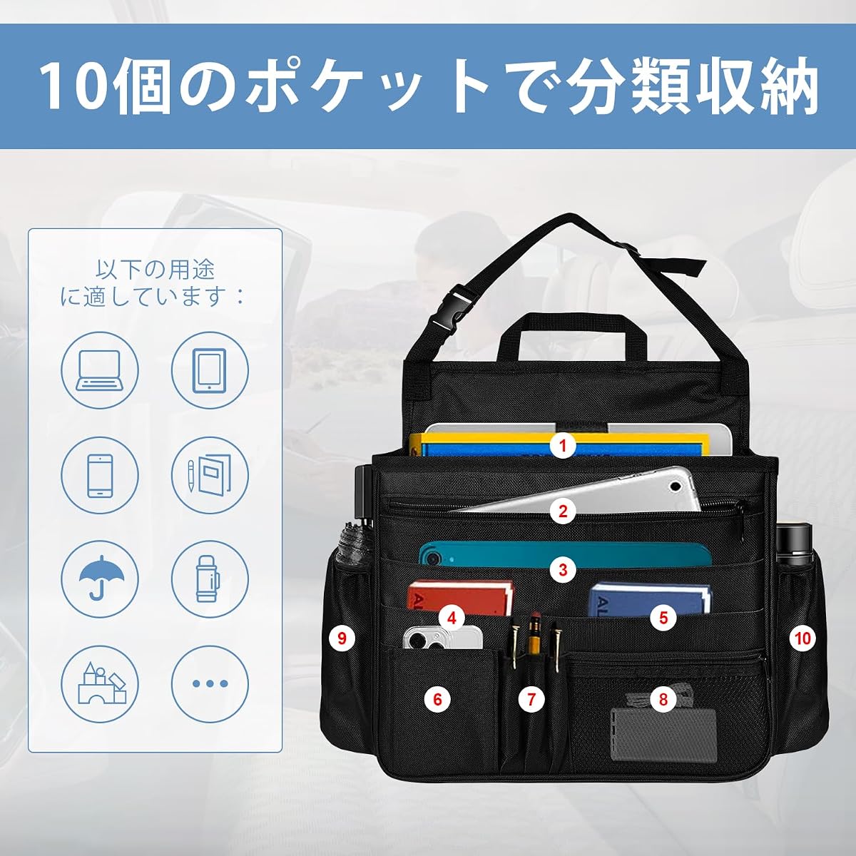 Allygea Front Seat Car Seat Organizer with 10 Pockets view 2