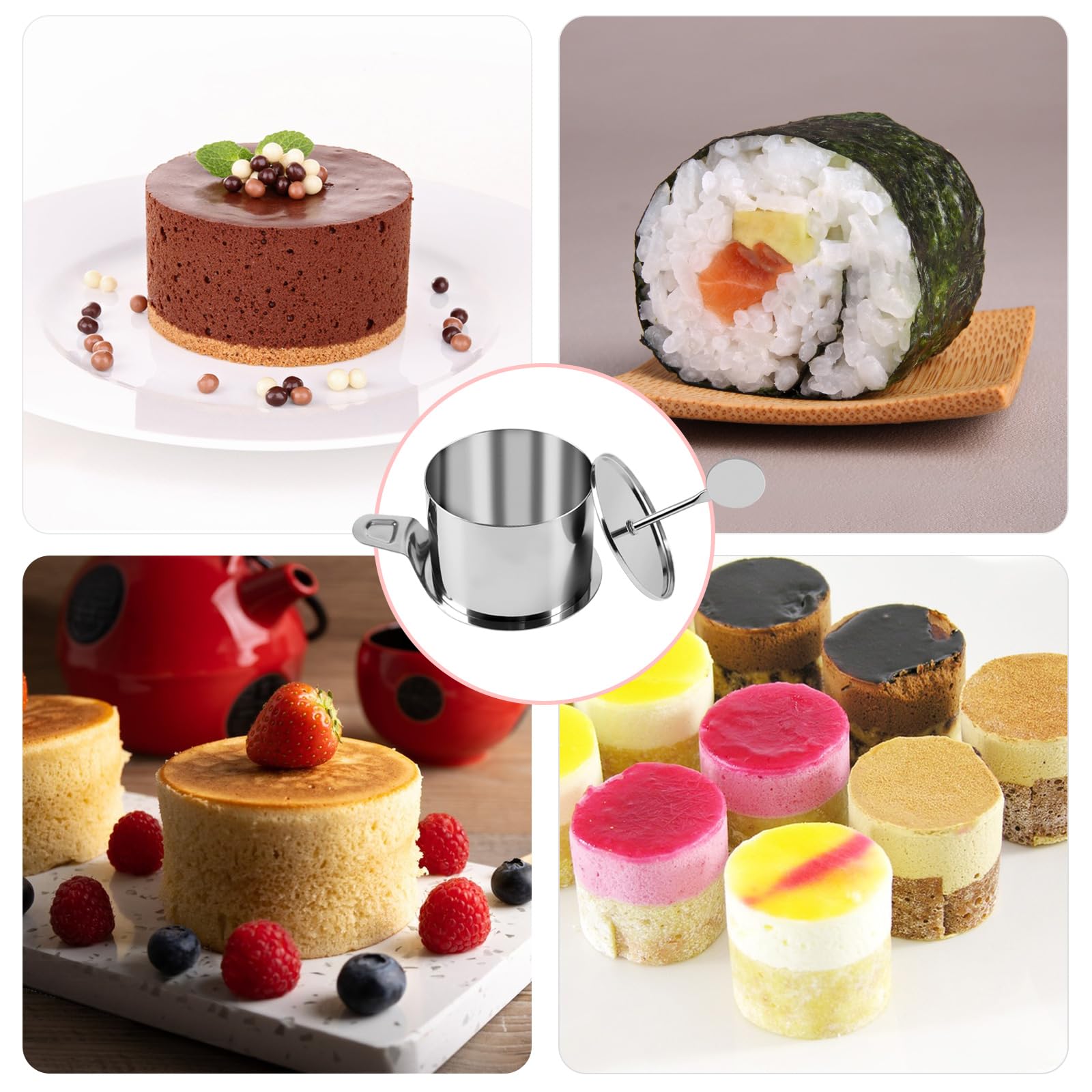 SWAWIS 12 Piezas Aros de Cocina Ø7,5cm con Elevador y Apisonador | Anillos Redondos para Postres y Comida, para Pasteles Mousse y Bolas de Arroz