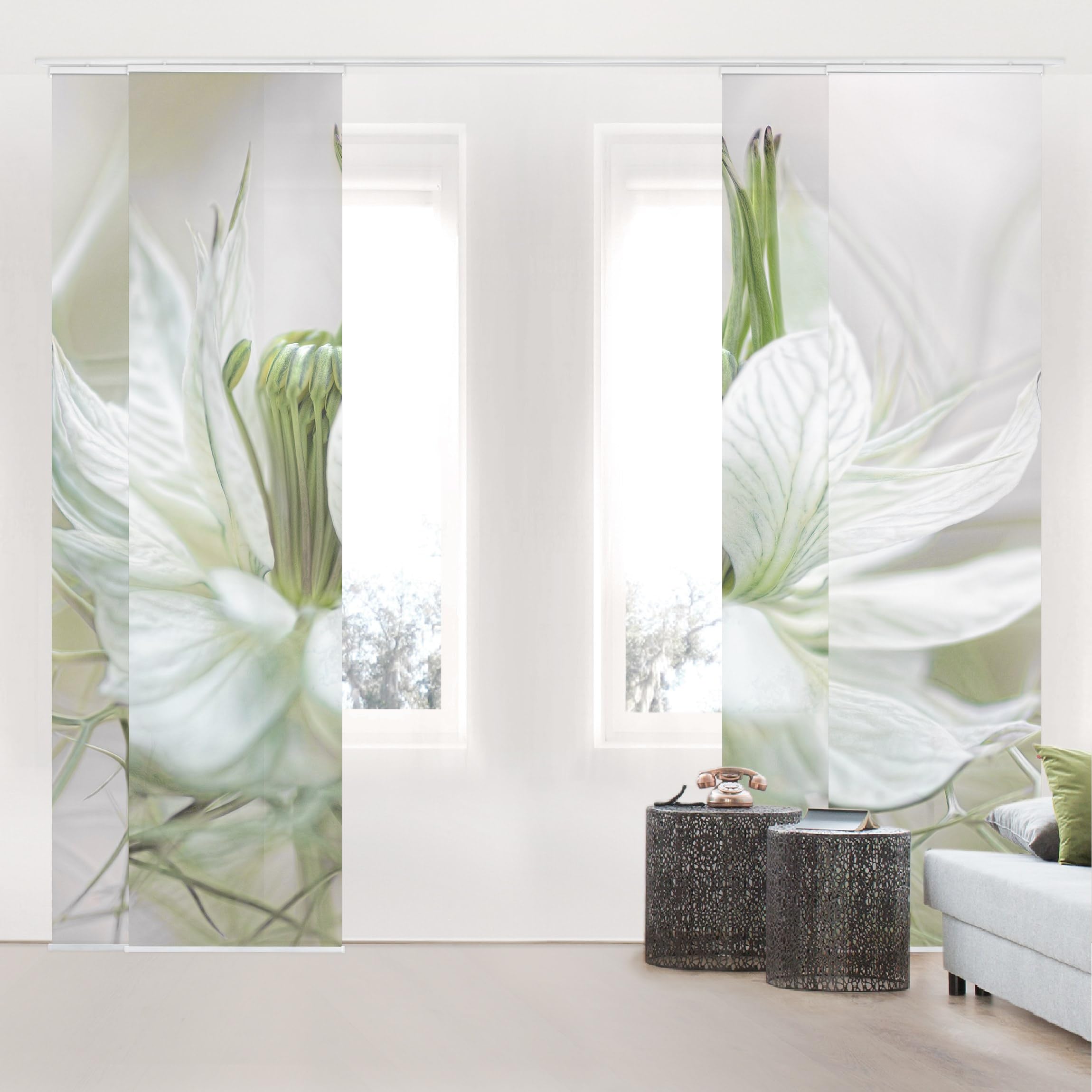 Schiebegardine halbtransparent 60er Paneel Klett Blumen Textil lichtdurchlässig - Motiv Modern Flächenvorhang Weiss Wohnzimmer Schlafzimmer 1758 (240x250 cm - 4er Set)