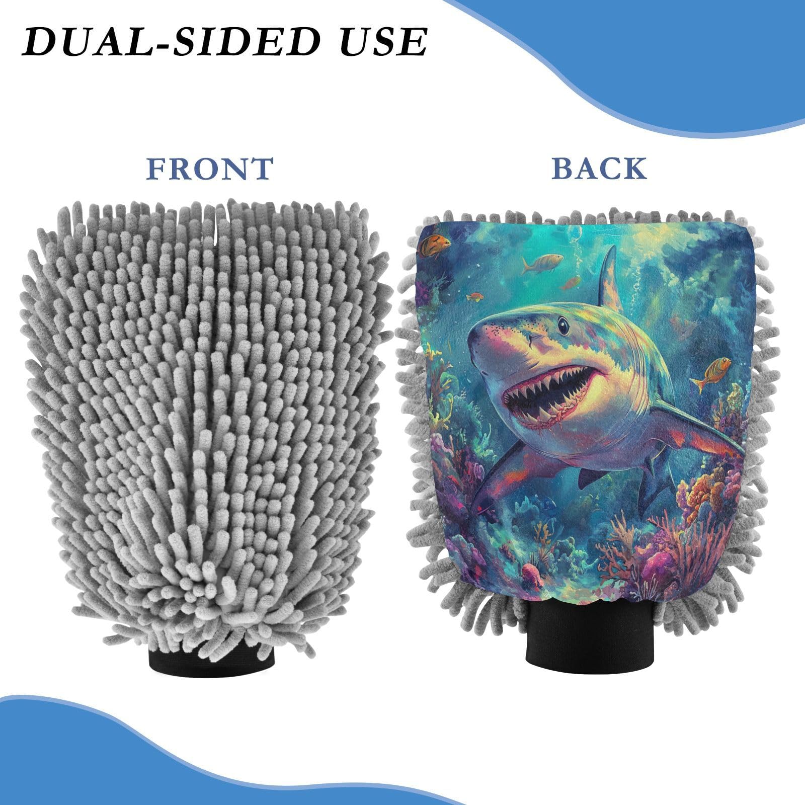 STAYTOP Fierce Shark Car Wash Mitt Microfiber, 2Pcs Scratch Free Lint-Free, Premium Chenille Microfiber Mitt Car Wash Brush-L