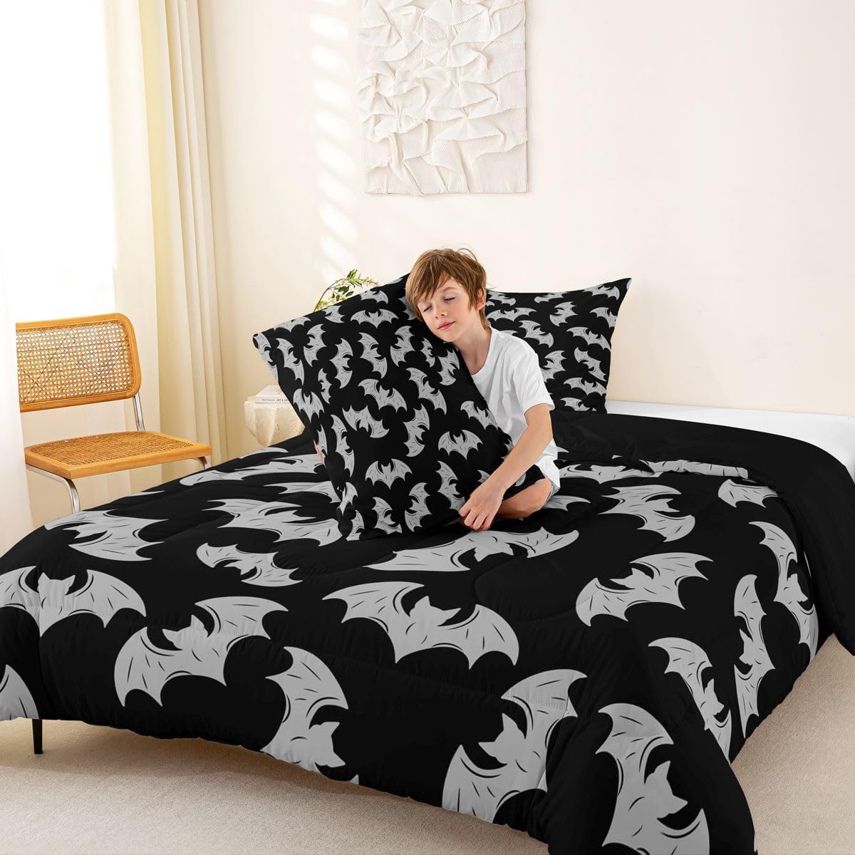 Erosebridal Gray Bat Bedding Set Full Size Halloween Bat Comforter Set Spooky Goth Gothic Animal Bed Sets Horror Halloween Duvet Quilt Sets for Kids Teens Adults