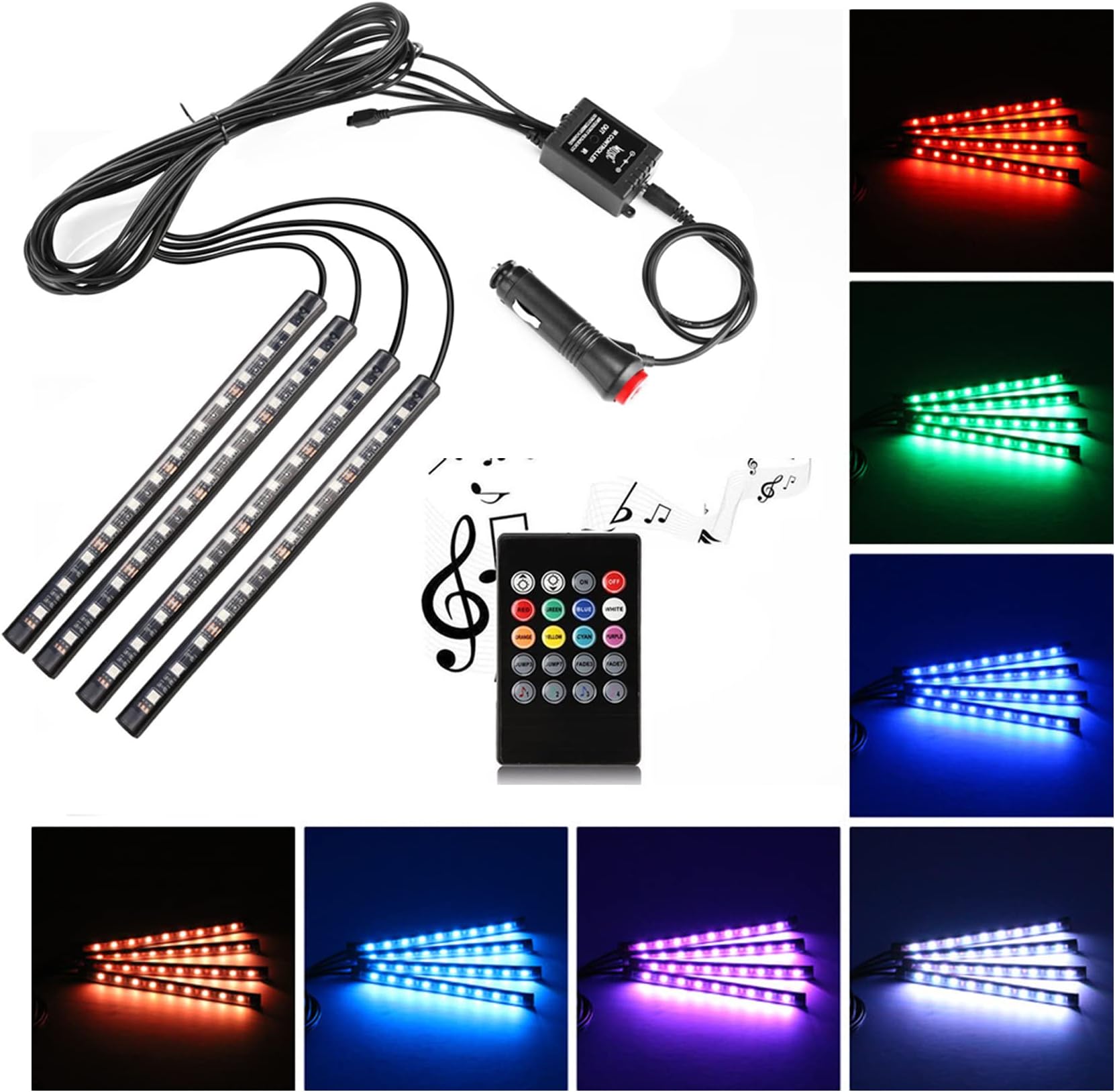 Car LED Strip Light,Uniwit 4 Pieces DC 12V Multicolor Car Interior Music Light LED Underdash Lighting Kit with Sound Active Function and Wireless Remote Control Including Car Charger