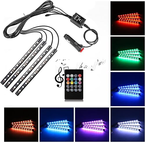 Tira de luz LED para automóvil, 4 piezas DC 12 V, multicolor, luz de música para interior del automóvil, kit de iluminación LED debajo del