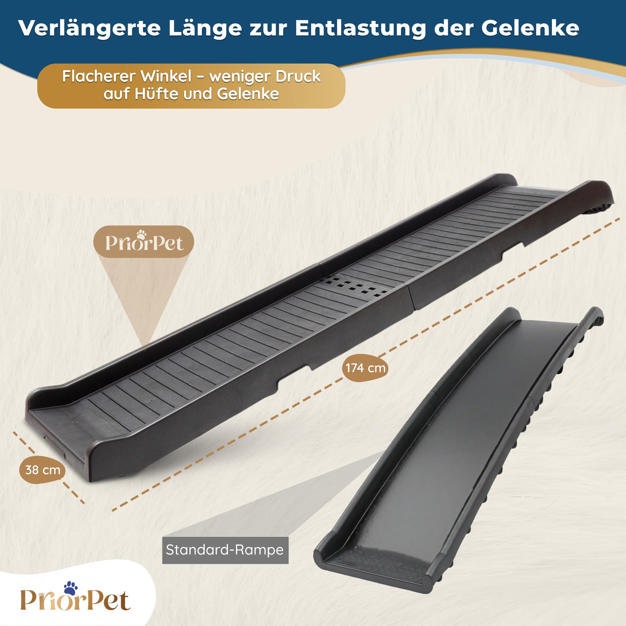 Hunderampe Auto Klappbar – 174 cm Lang & 38 cm Breit – rutschfeste Gummi Rampe für große Hunde – Stabile Hundetreppe Auto & SUV - 85kg Belastbarkeit – Klappbare Hundeleiter Auto – Schwarz
