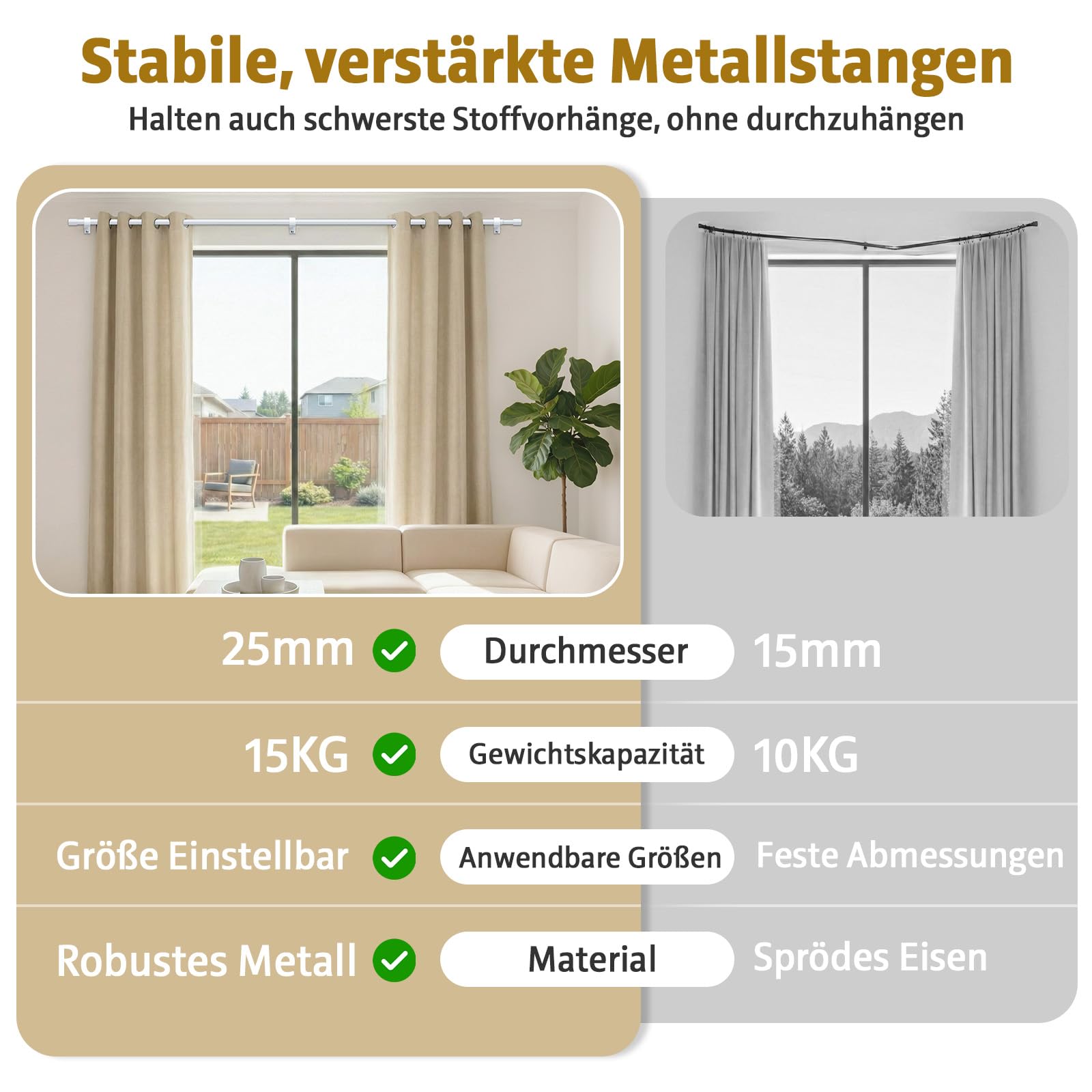 Tringle à rideaux extensible avec support - Blanc - 76-325 cm de diamètre - 25 mm de diamètre - Tringle à rideaux extra longue pour chambre à coucher, salon - Métal mat robuste