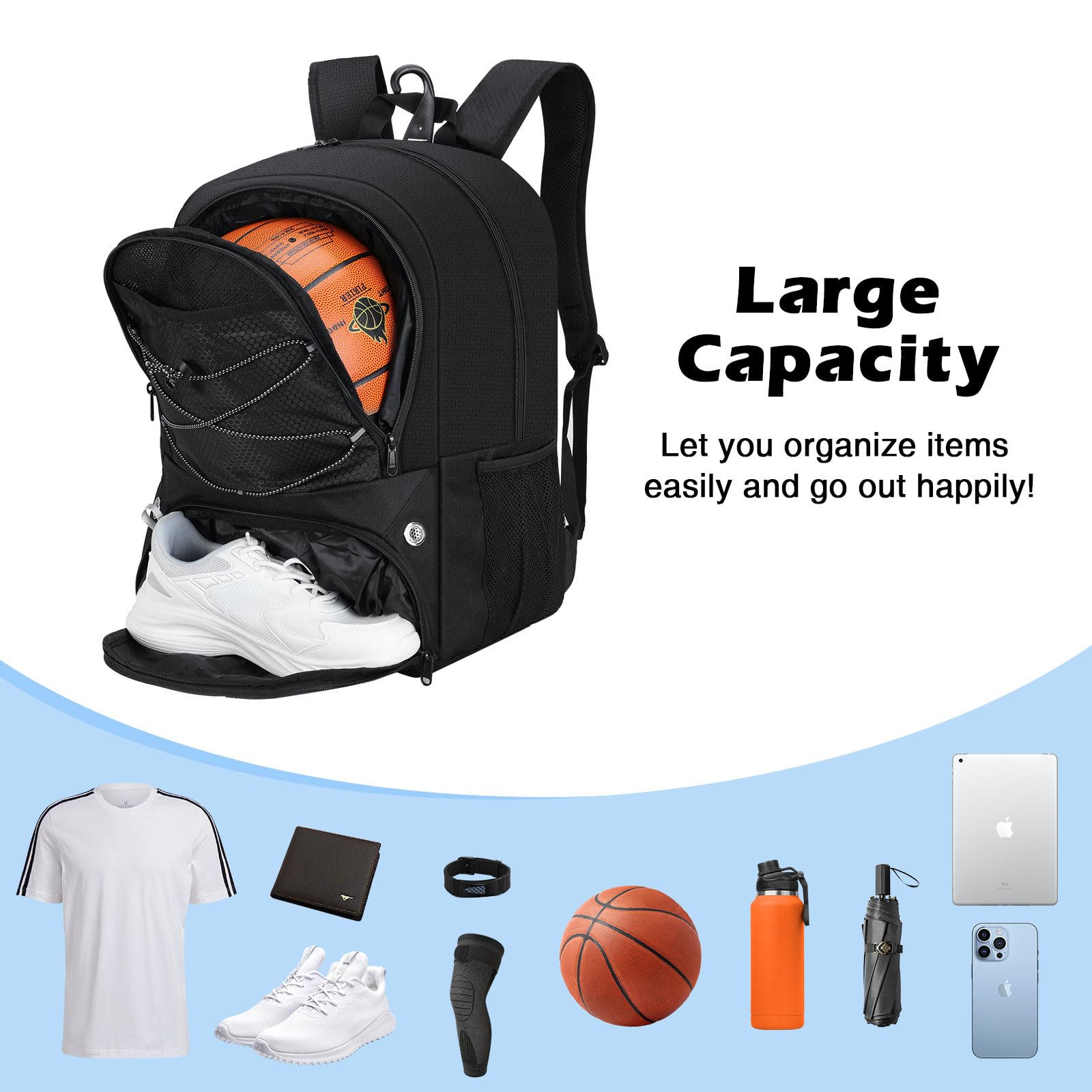 MoKo Borsa da basket Zaino, zaino da calcio per uomini e donne con scomparti separati per palloni e scarpe, resistente all'acqua, gancio per la recinzione, borsa sportiva per vestiti e scarpe, Blu