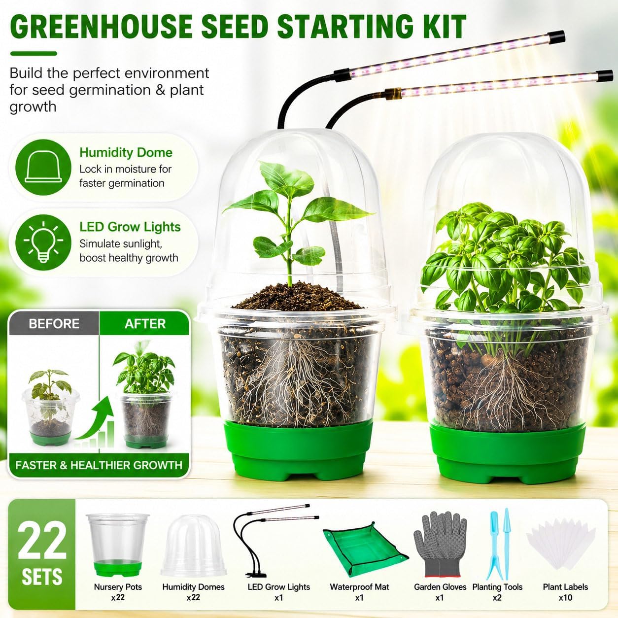 59Pcs Clear Nursery Pots Kits with Grow Light Includes 22 Pack 4'' Seed Starter Pots with Silicone Base & Lids, Clear Plant Pots for Propagation, Seedling Pots Kit with Drainage, Labels, Repotting Mat