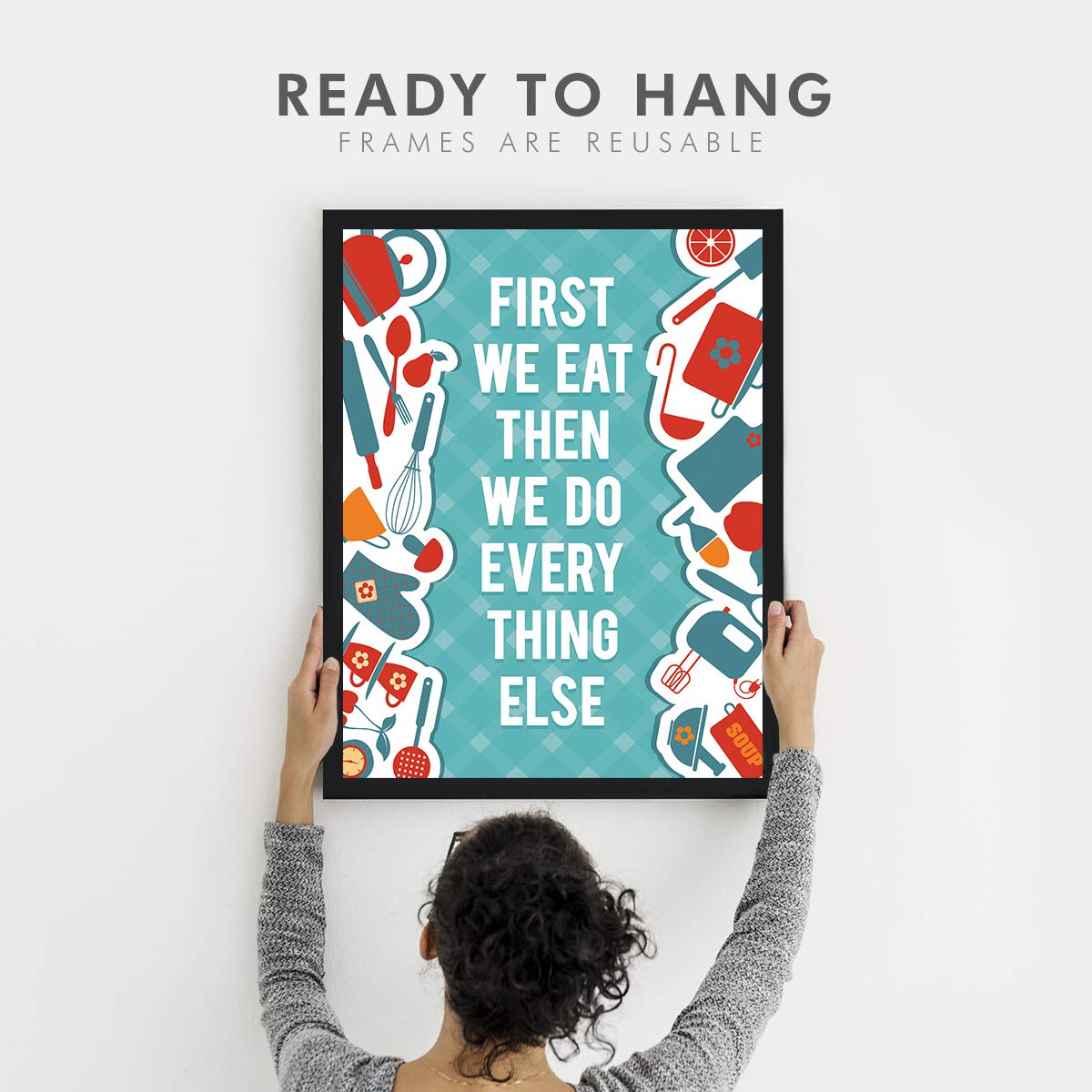 Kitchen Quotes Wall Frame - 'First We Eat' Turquoise -4