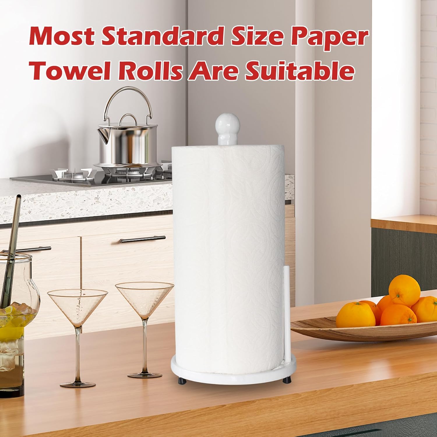 Vintage Cast Iron Paper Towel Holder Countertop - Elegant White Daffodil Pattern Standing Paper Towel Dispenser with Heavy Duty Base for Kitchen Decor